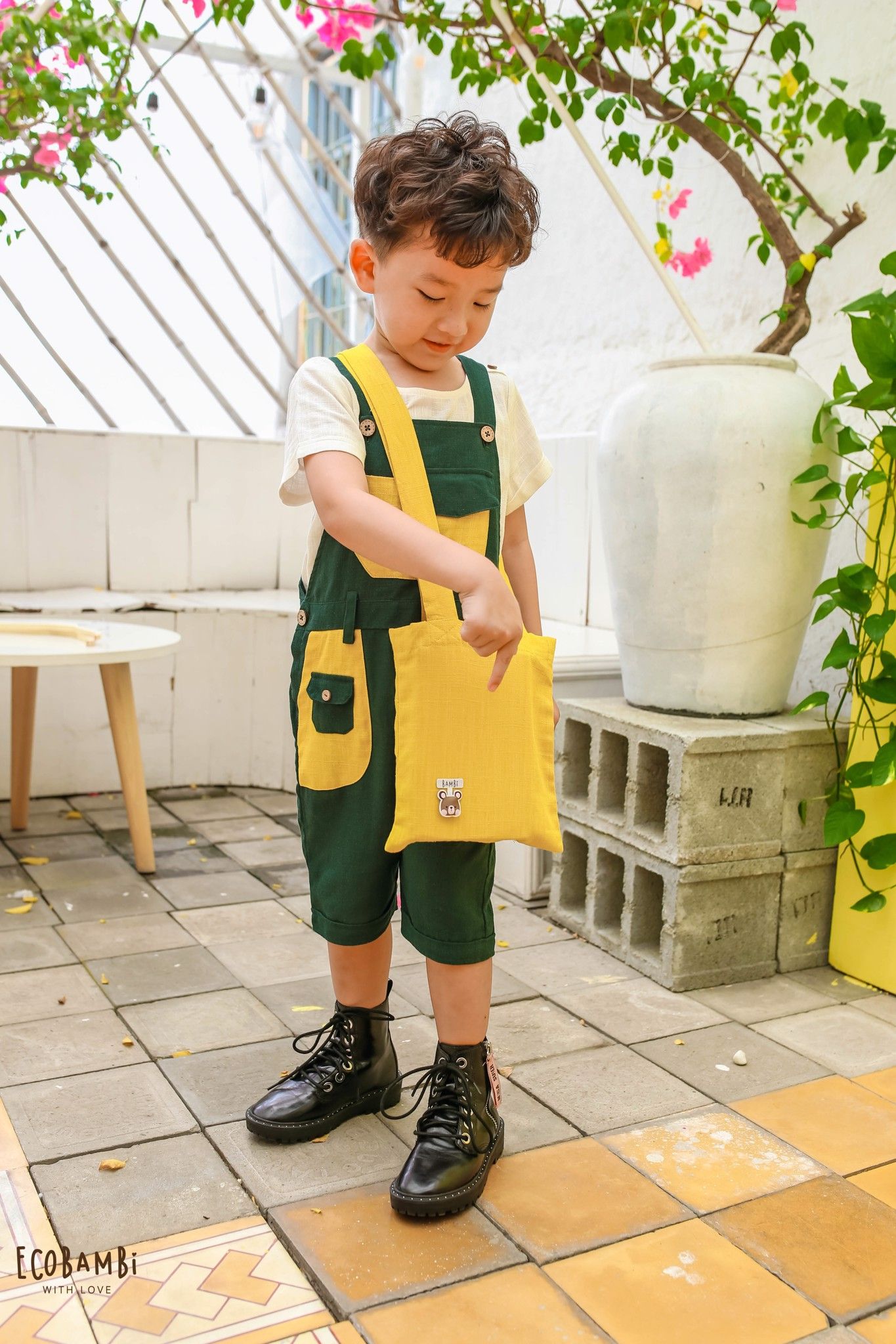 Jumpsuit linen quần lửng phối màu bé trai