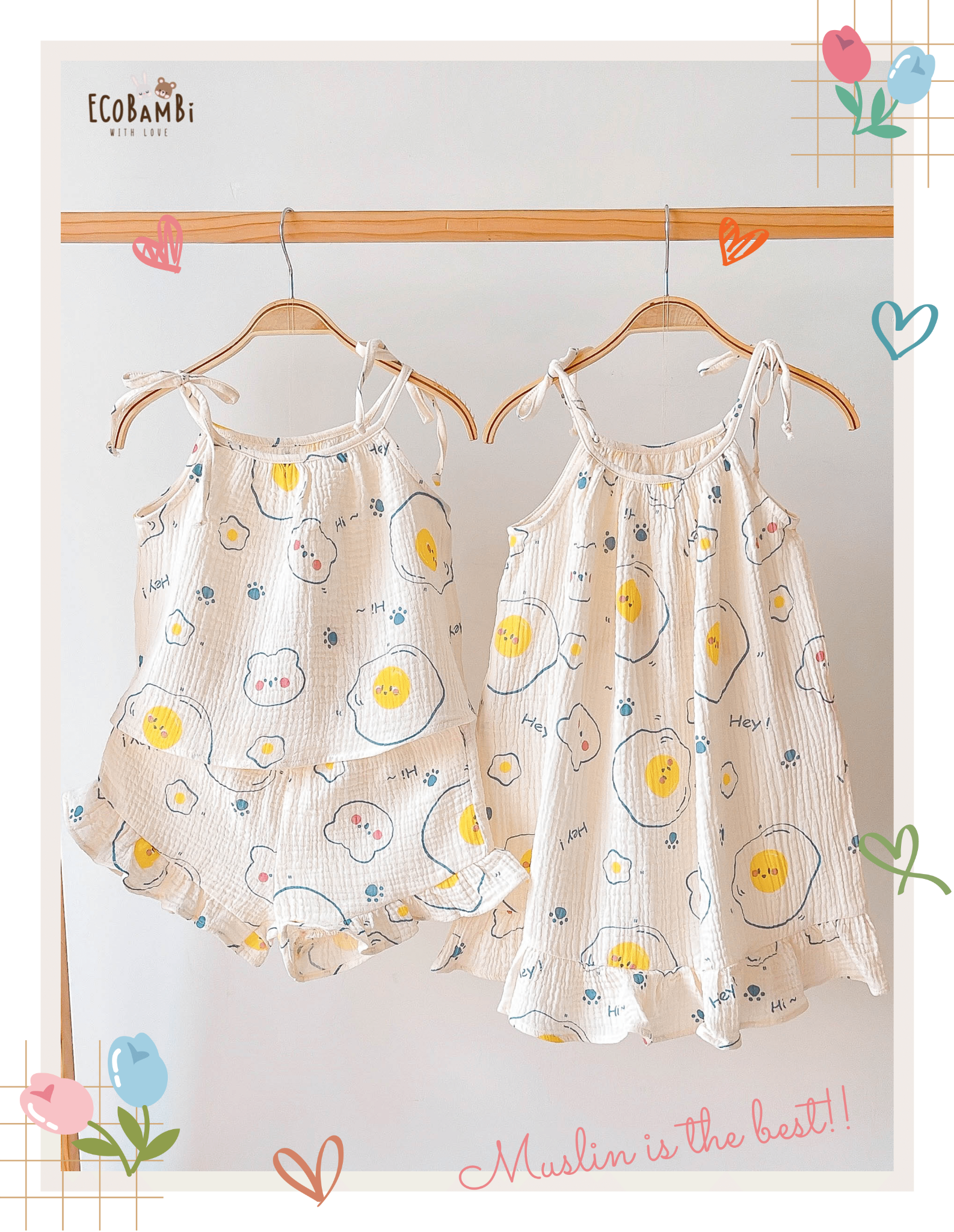 Bộ 2 dây CỔ YẾM, quần short cotton muslin in hoạ tiết đáng yêu cho bé gái Ecobambi - BB-23BOBG006 - 8935334000957