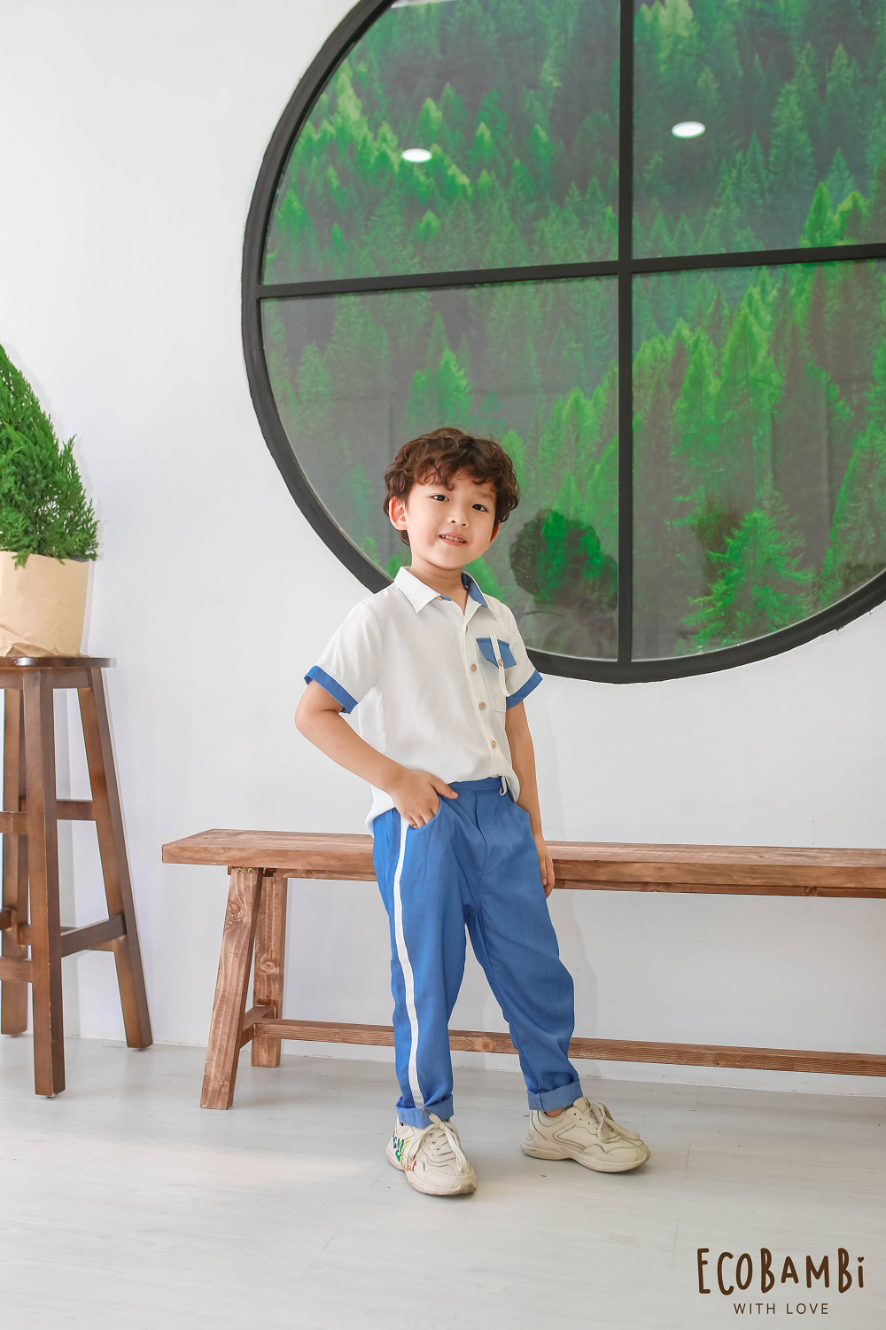 Áo sơ mi bé trai tay ngắn phối màu tencel