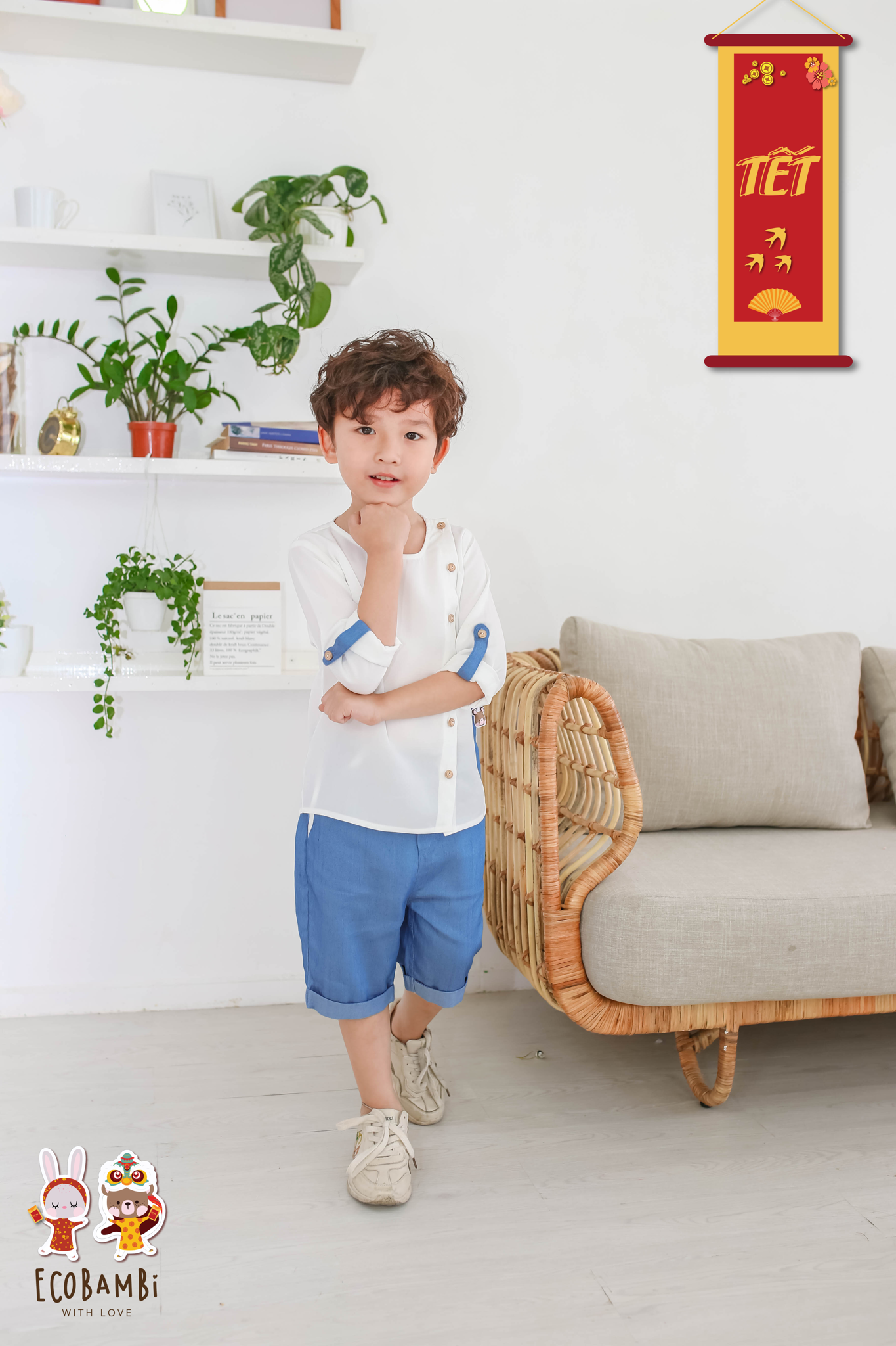 Áo sơ mi bé trai tay dài cổ tròn tencel