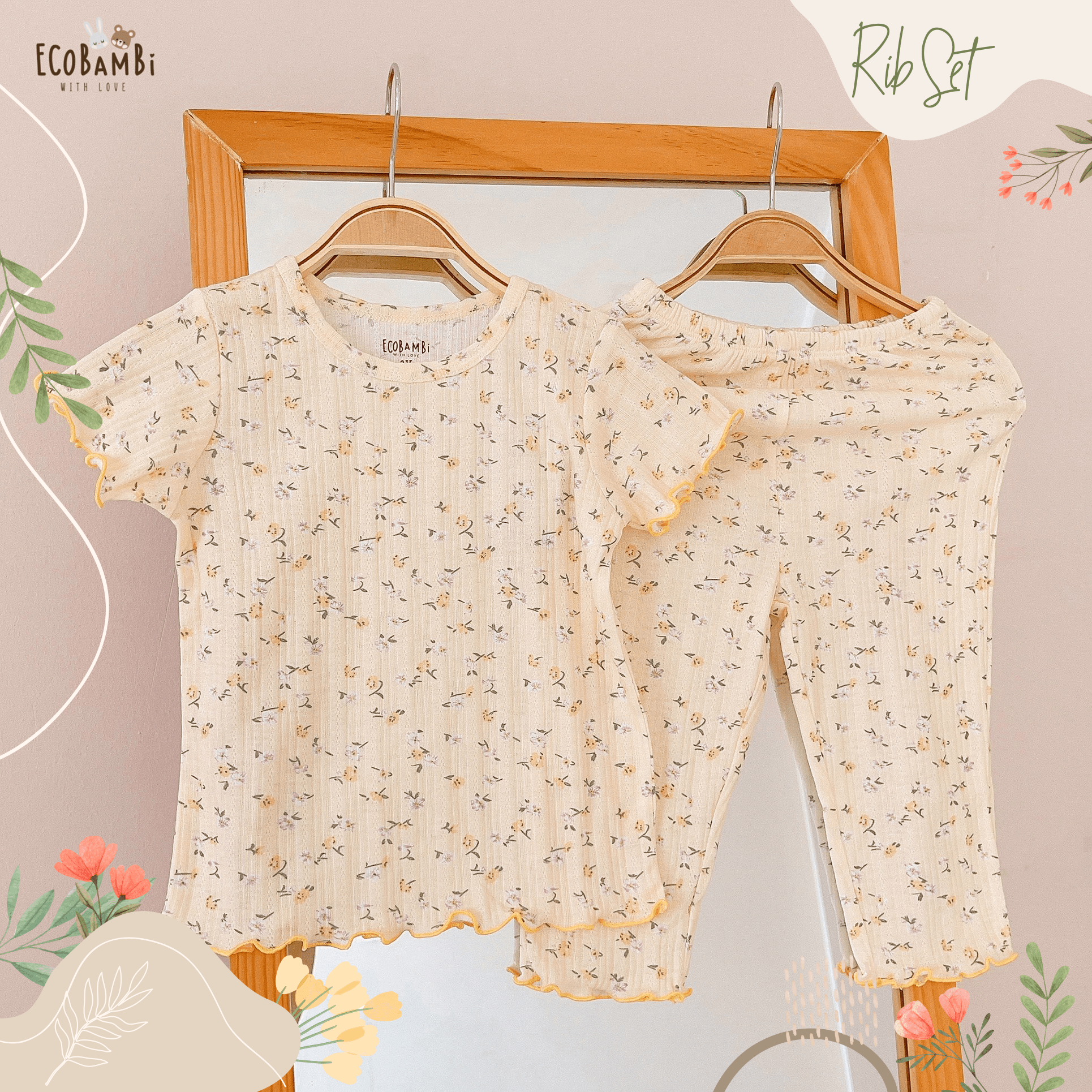Bộ bé gái tay ngắn, quần lửng thun cotton jacquard in hoạ tiết hoa nhí dễ thương cho bé yêu BB-23BOBG026 - ECOBAMBI - 8935334001176