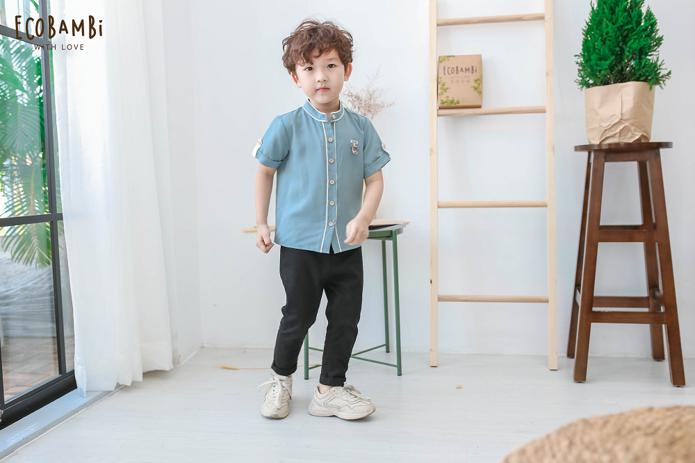 Áo sơ mi bé trai tay ngắn cổ trụ tencel