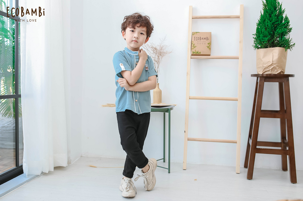Áo sơ mi bé trai tay ngắn cổ trụ tencel