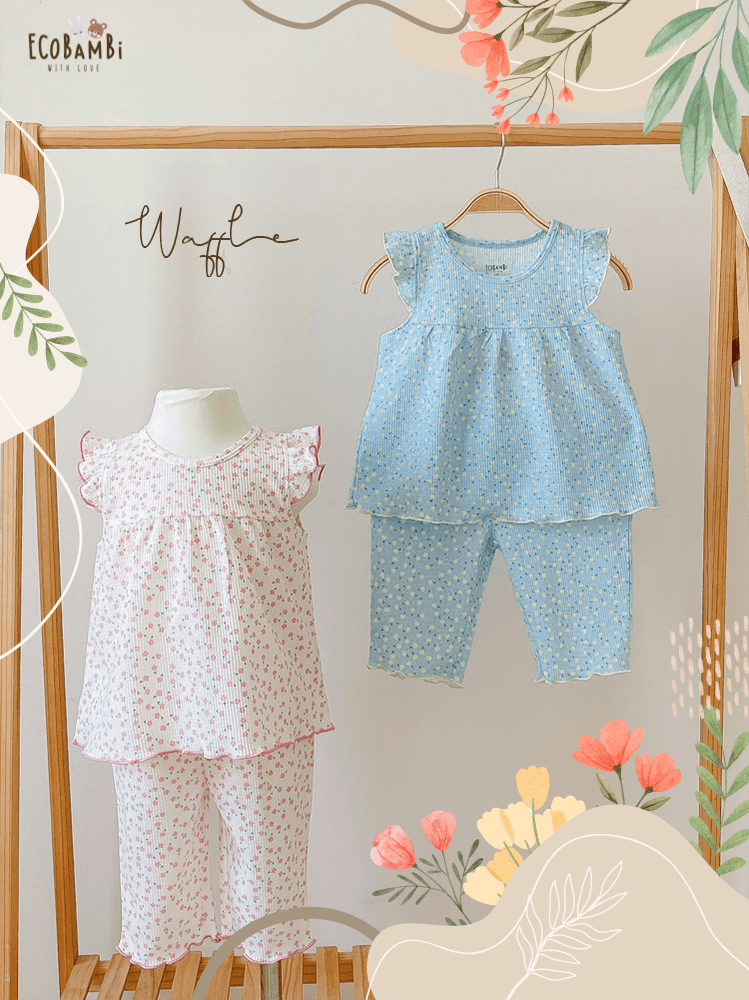Bộ bé gái tay cánh tiên, quần lửng thun waffle in hoạ tiết hoa nhí dễ thương cho bé yêu - BB-23BOBG022 - ECOBAMBI