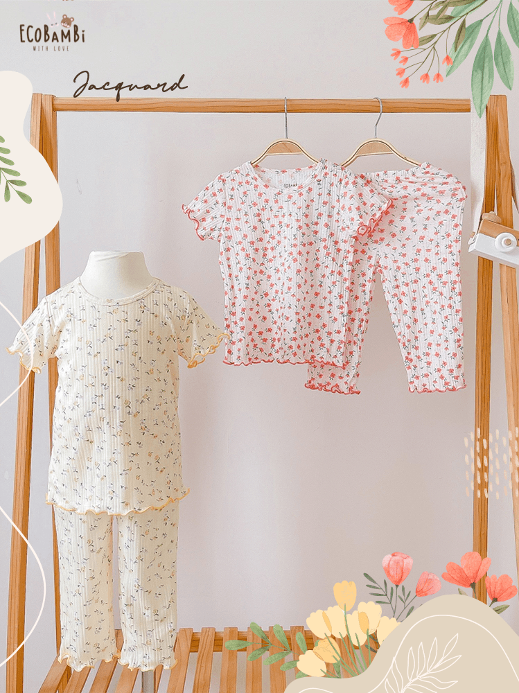 Bộ bé gái tay ngắn, quần lửng thun cotton jacquard in hoạ tiết hoa nhí dễ thương cho bé yêu BB-23BOBG026 - ECOBAMBI - 8935334001176