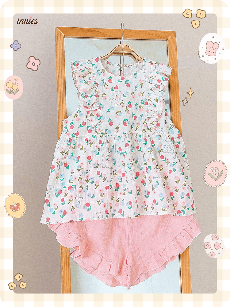 Bộ nữ 2 tay bèo cánh tiên, quần short cotton muslin, có in hoạ tiết đáng yêu Innies - IN-23BONU015 - 8935334001268