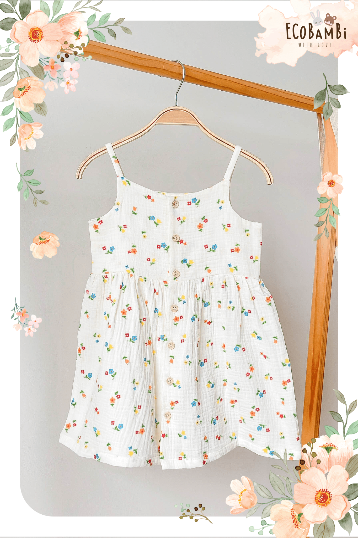 Đầm xoè 2 dây cotton muslin in hoạ tiết đáng yêu cho bé gái Ecobambi - BB-23DAMBG001 - 8935334000827