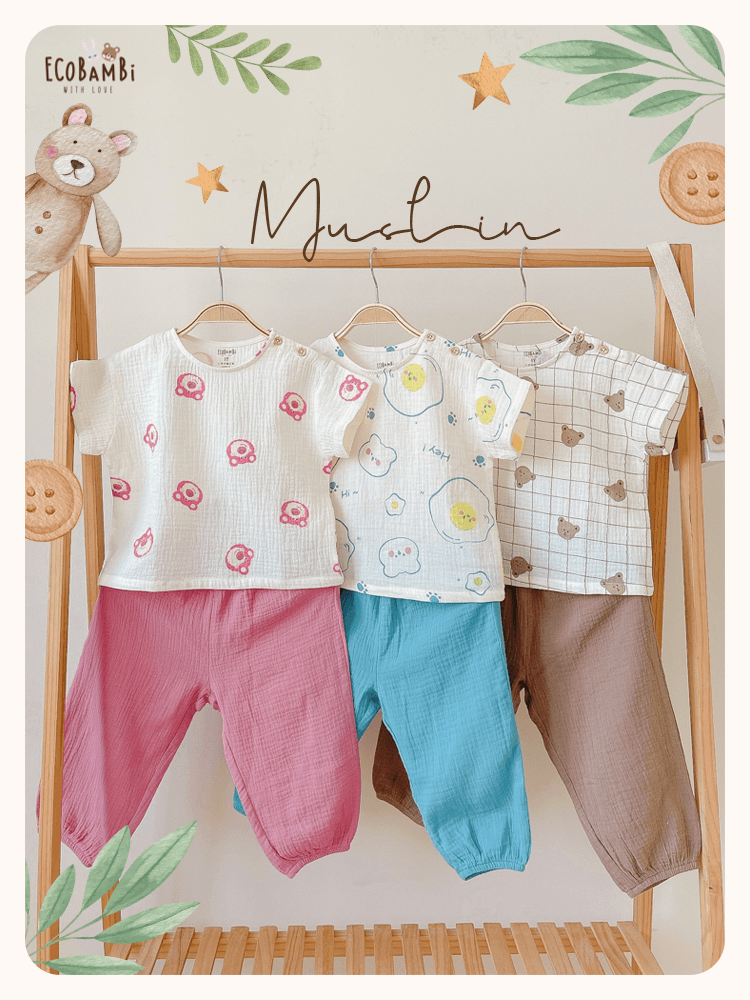 Bộ cotton Muslin Unisex TAY NGẮN, QUẦN THỤNG phong cách Hàn Quốc in hoạ tiết Gấu trứng ốp la, Gấu caro và Gấu dâu cho bé - BB-23BO023 - 8935334000582