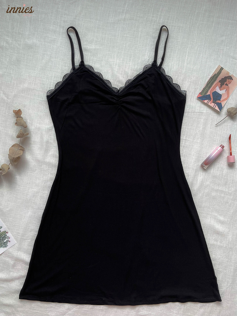 Đầm ngủ Freesize 2 dây quyến rũ phối ren, vải thun gân cotton lạnh dành cho nữ - 8935334000766