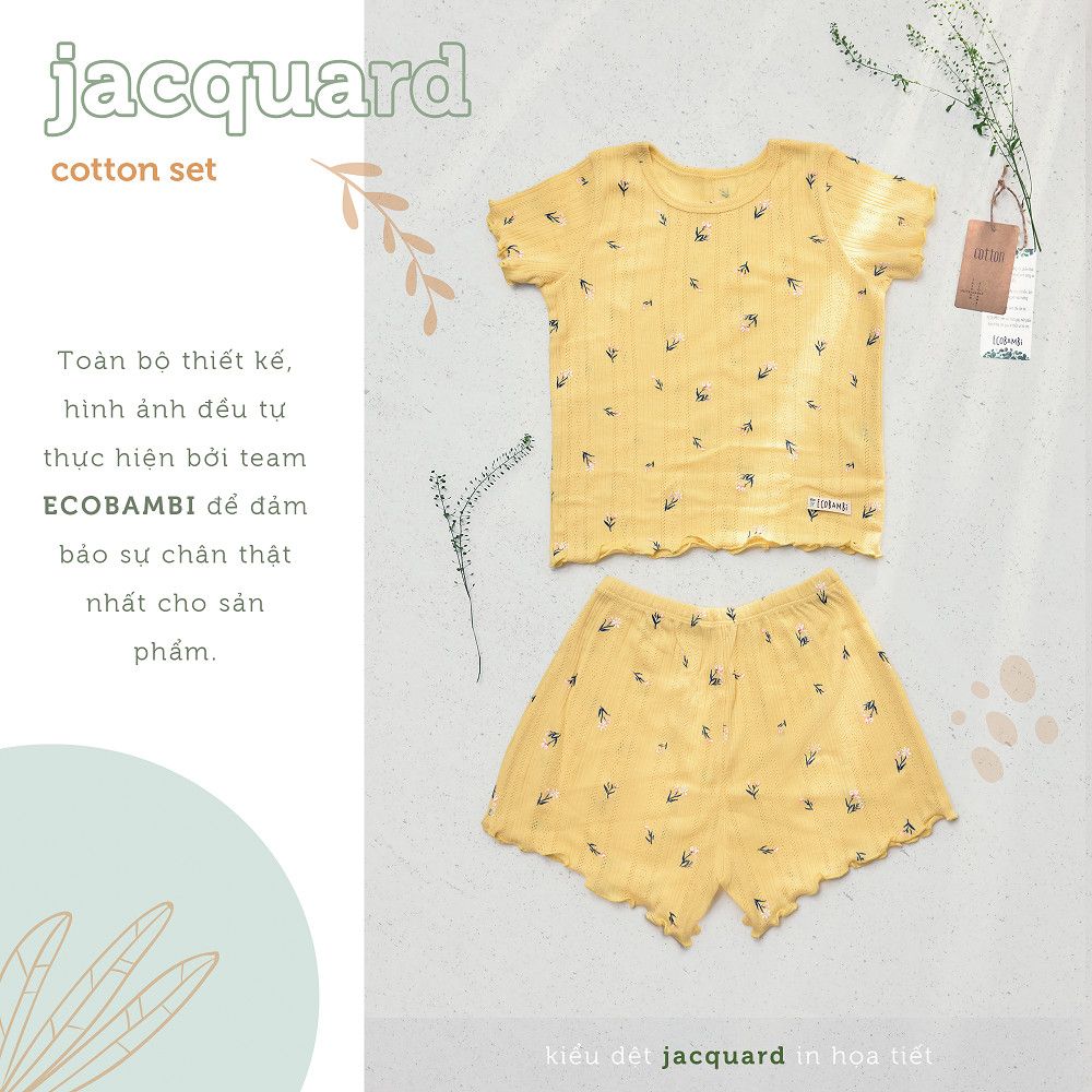 Bộ thun cotton Hàn bé gái tay ngắn kiểu dệt jacquard hoa nhí Ecobambi