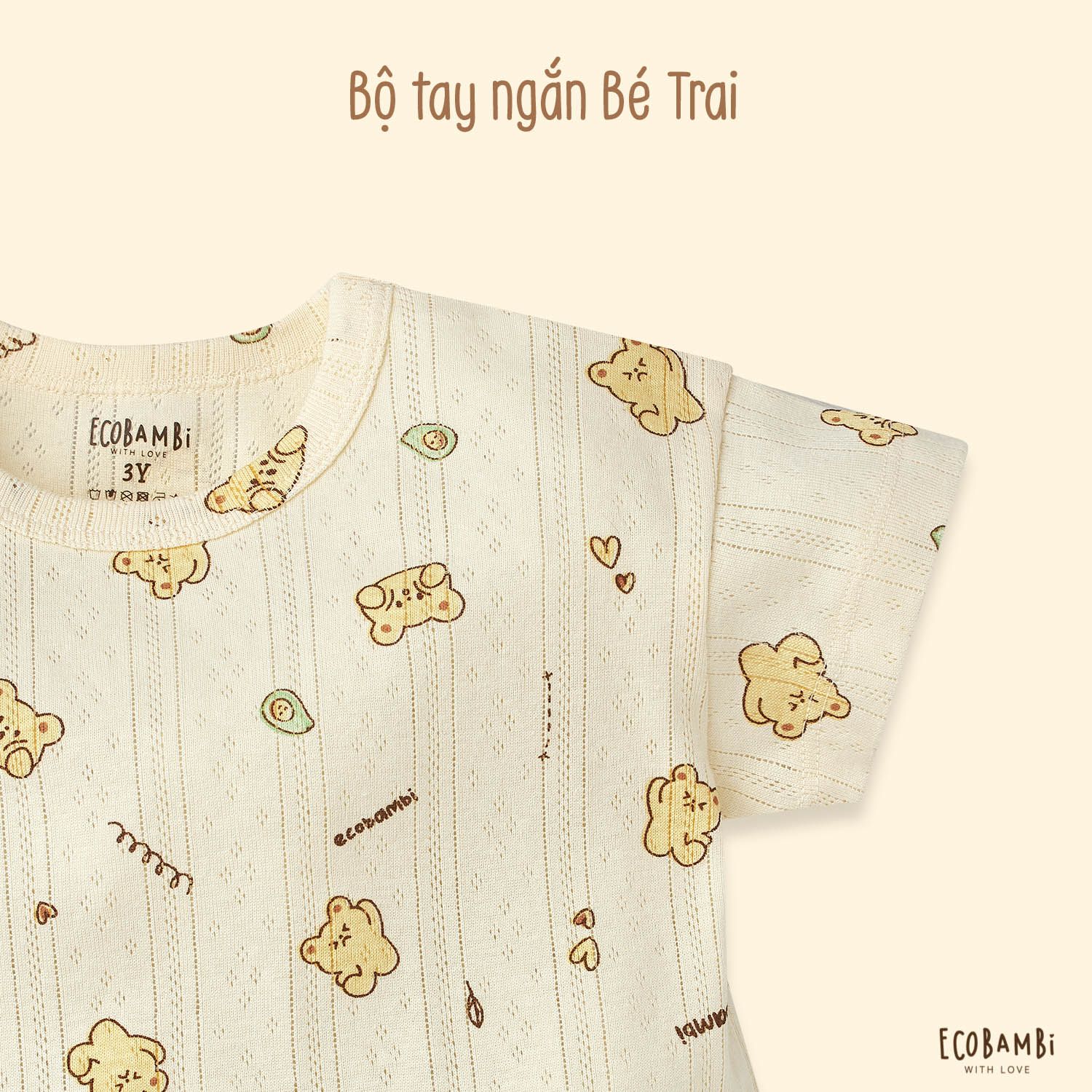 Bộ thun thông hơi cotton Hàn Quốc bé trai TAY NGẮN, QUẦN LỞ kiểu dệt Jacquard in hoạ tiết Gấu ECOBAMBI - 8935334000520
