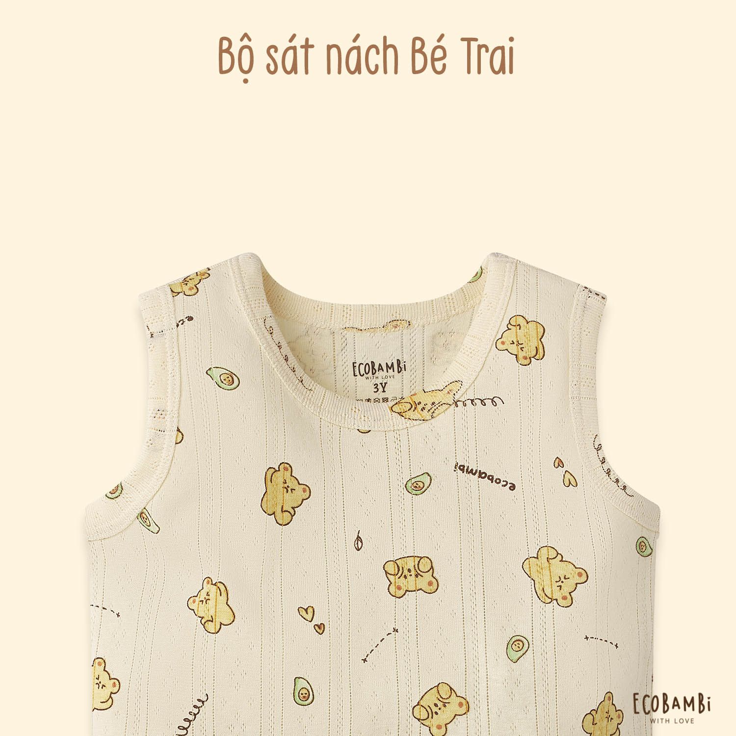 Bộ thun thông hơi cotton Hàn Quốc bé trai SÁT NÁCH, QUẦN SHORT kiểu dệt Jacquard in hoạ tiết Gấu - 8935334000537