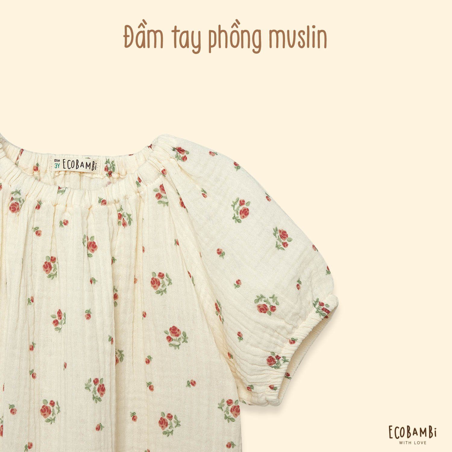 Đầm cotton muslin hoa cỏ mùa xuân dáng tay phồng
