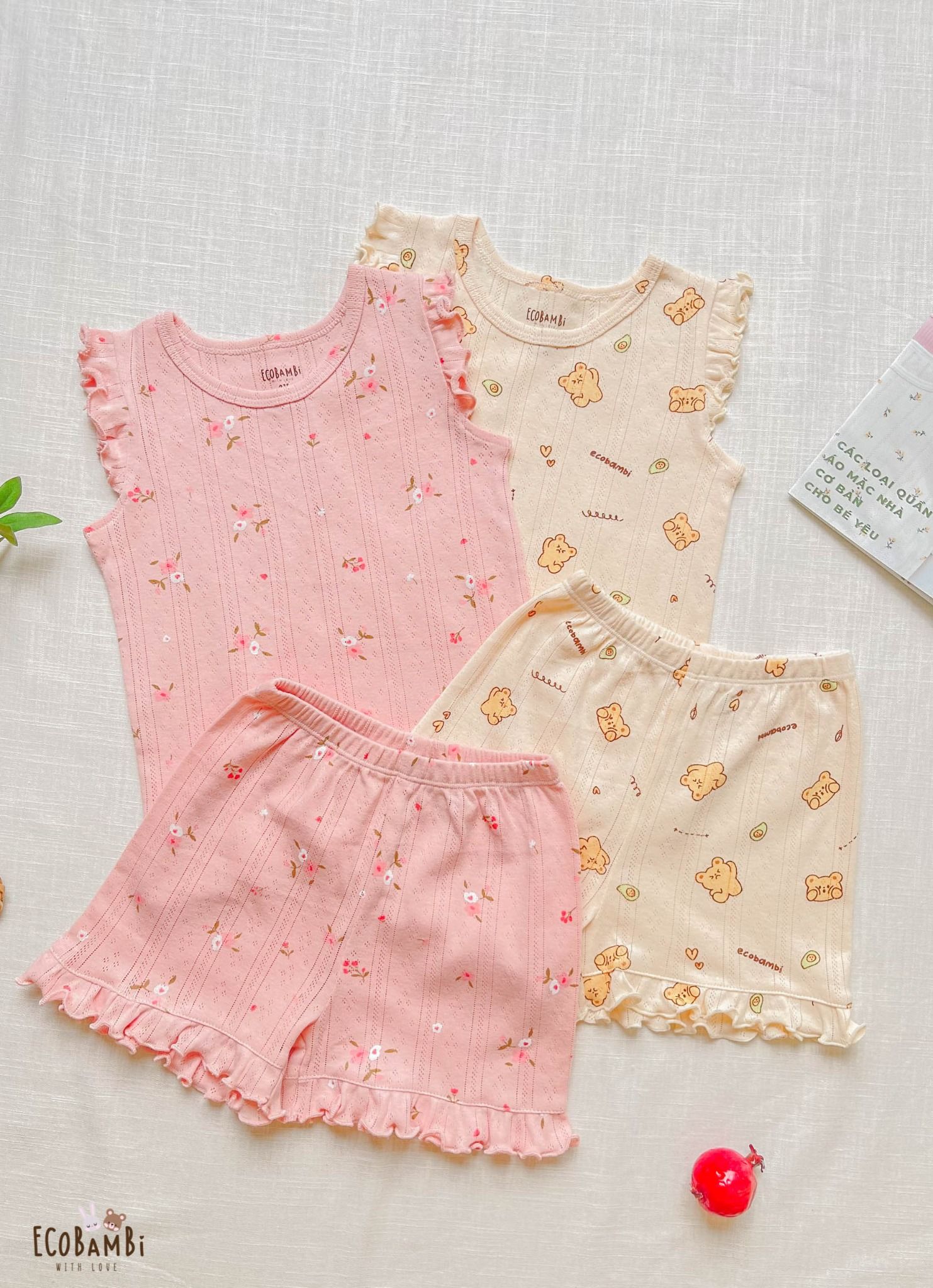 Bộ bé gái TAY CÁNH TIÊN thun thông hơi cotton Hàn Quốc, kiểu dệt jacquard in hoạ tiết dễ thương - 8935334000391