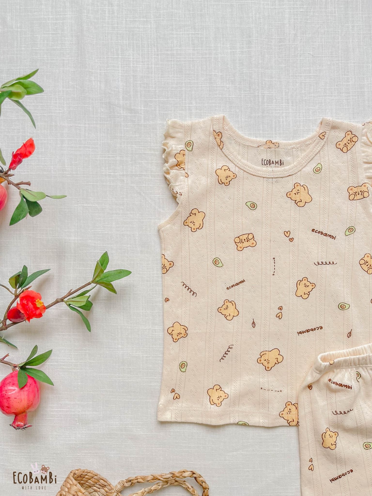 Bộ bé gái TAY CÁNH TIÊN thun thông hơi cotton Hàn Quốc, kiểu dệt jacquard in hoạ tiết dễ thương - 8935334000391