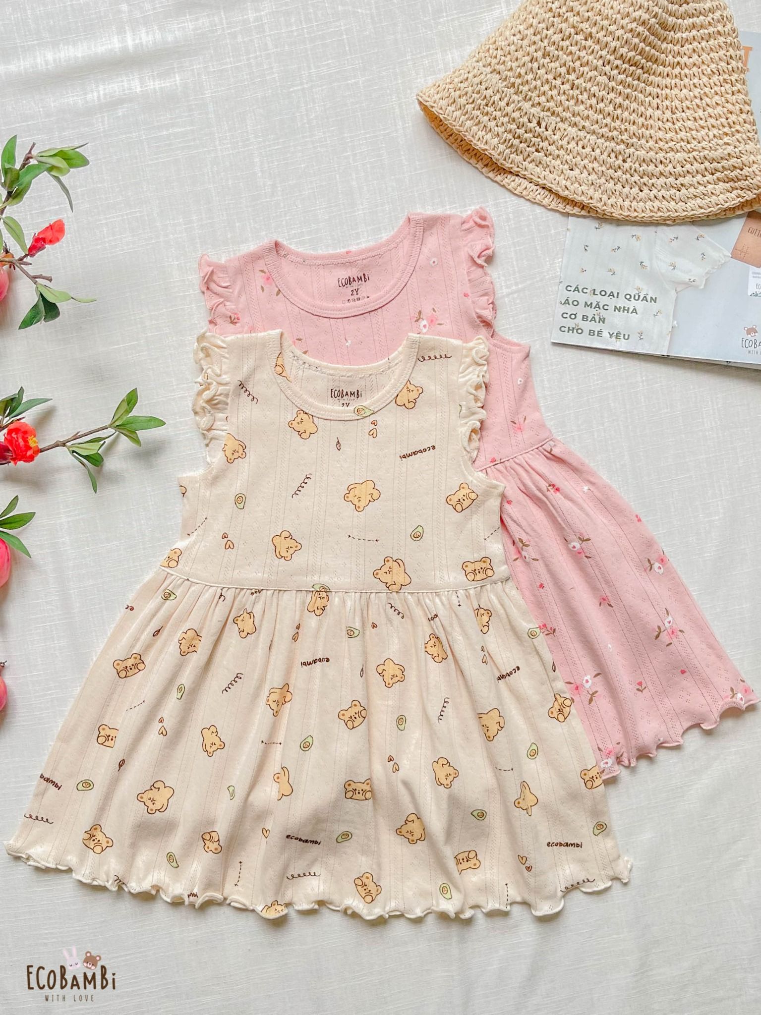 Đầm xoè Tay Cánh Tiên đáng yêu, kiểu dệt jacquard, chất liệu thun thông hơi cotton 100% in hoa tiết siêu dễ thương - Ecobambi