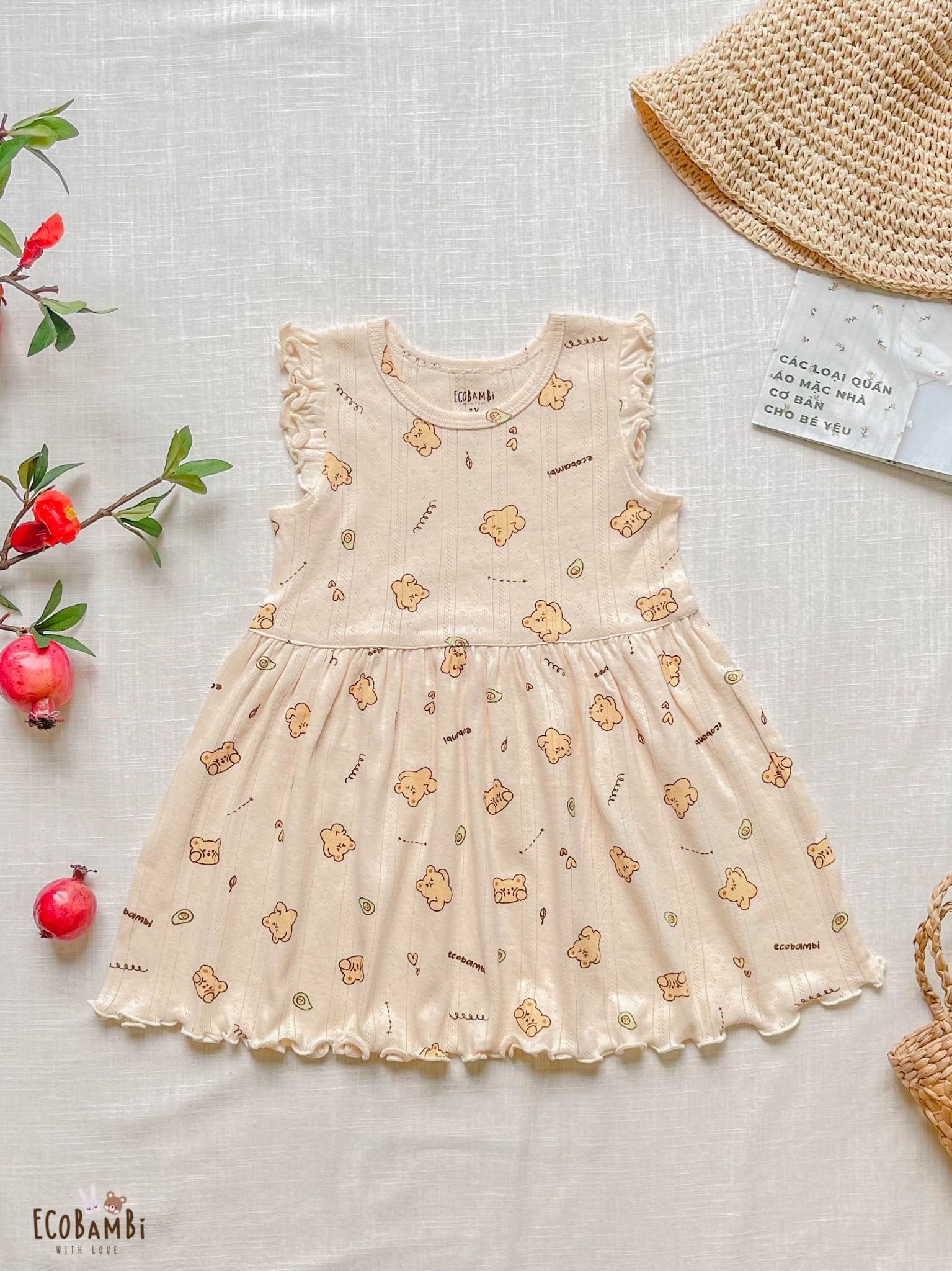 Đầm xoè Tay Cánh Tiên đáng yêu, kiểu dệt jacquard, chất liệu thun thông hơi cotton 100% in hoa tiết siêu dễ thương - Ecobambi