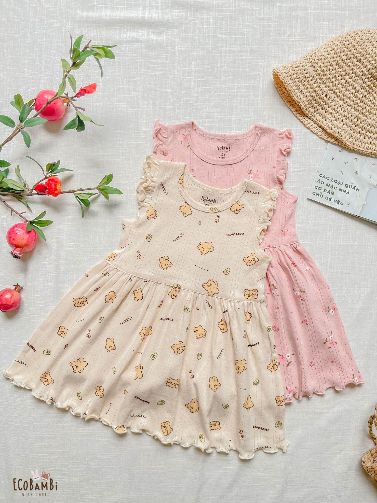 Đầm xoè Tay Cánh Tiên đáng yêu, kiểu dệt jacquard, chất liệu thun thông hơi cotton 100% in hoa tiết siêu dễ thương - Ecobambi