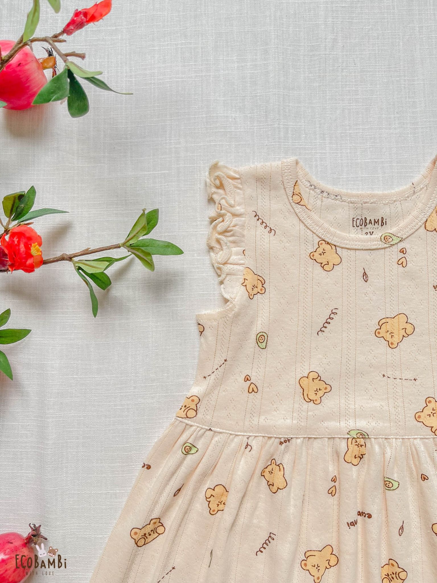 Đầm xoè Tay Cánh Tiên đáng yêu, kiểu dệt jacquard, chất liệu thun thông hơi cotton 100% in hoa tiết siêu dễ thương - Ecobambi