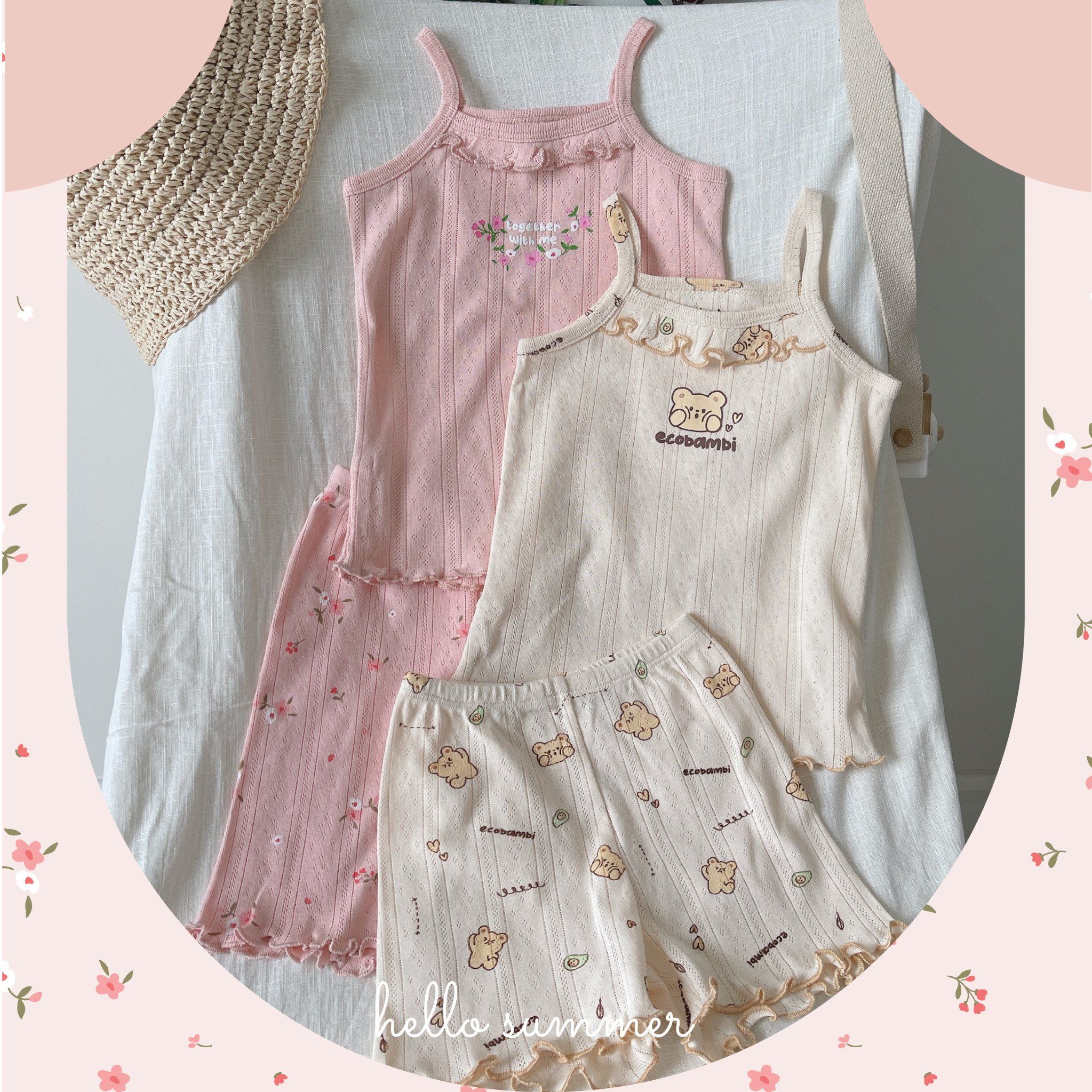 Bộ thun cotton 2 dây QUẦN LỬNG phong cách Hàn Quốc kiểu dệt jacquard in hoạ tiết Ecobambi