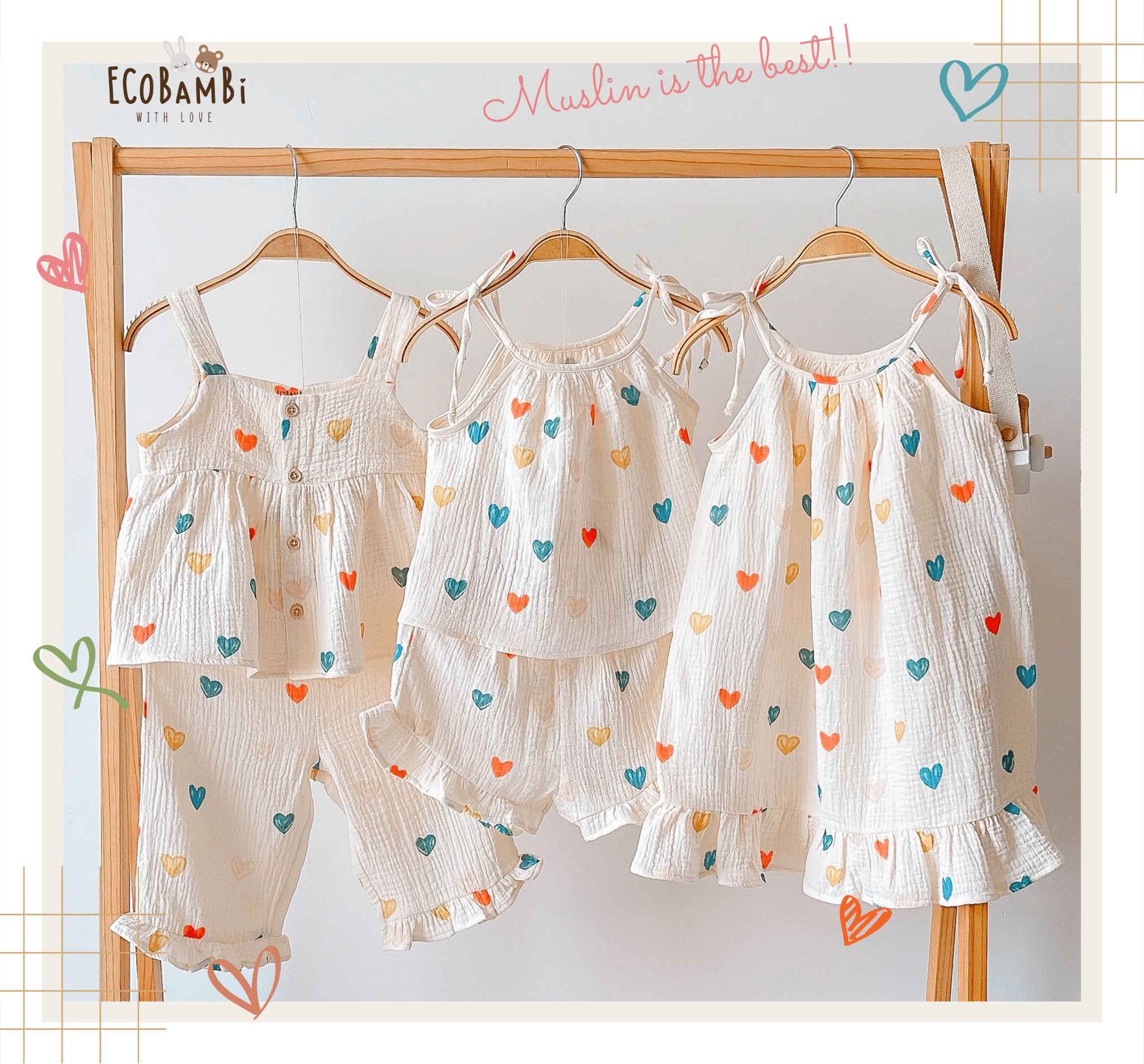 Bộ sát nách, QUẦN LỬNG cotton MUSLIN in hoạ tiết đáng yêu cho bé gái Ecobambi - BB-23BOBG007