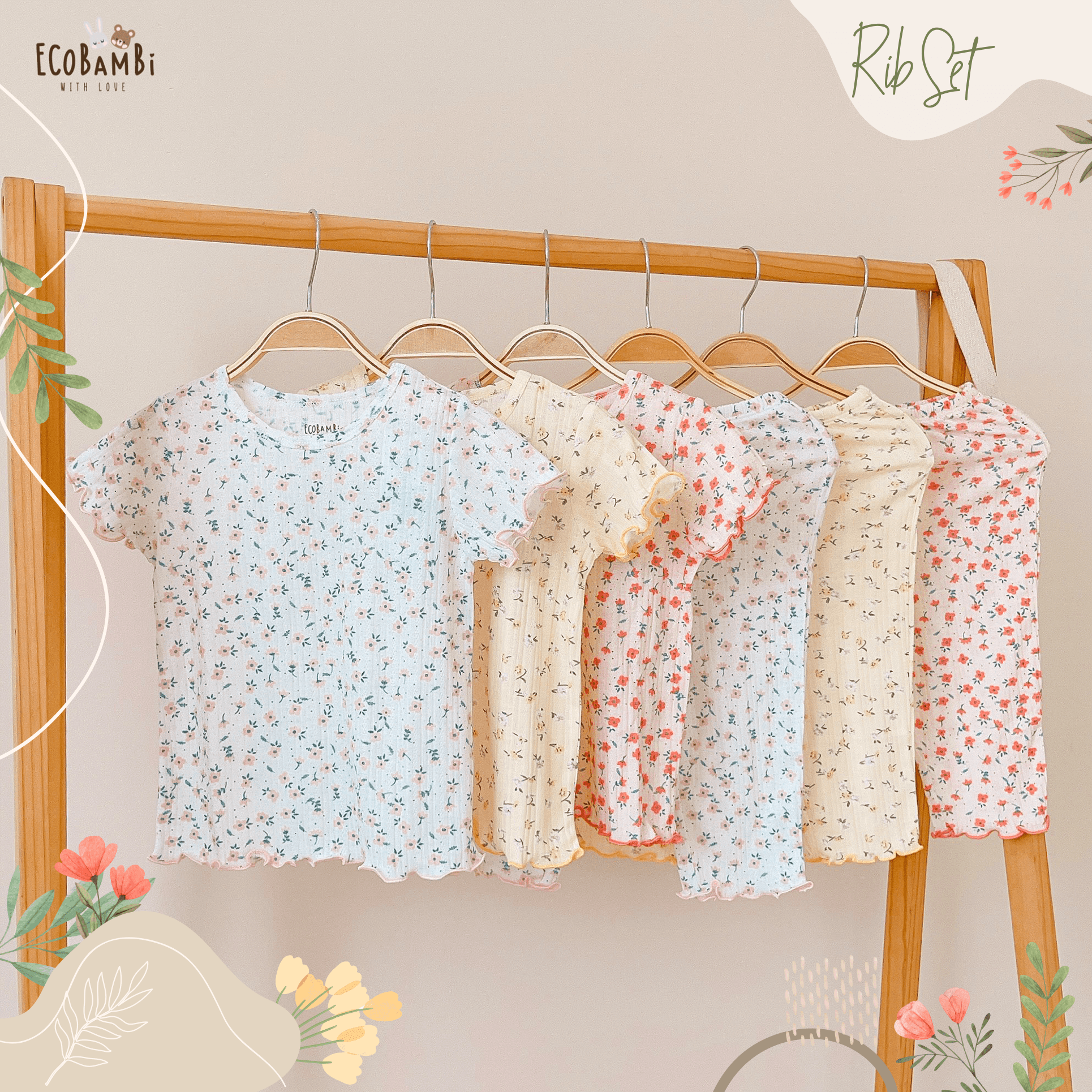 Bộ bé gái tay ngắn, quần lửng thun cotton jacquard in hoạ tiết hoa nhí dễ thương cho bé yêu BB-23BOBG026 - ECOBAMBI - 8935334001176