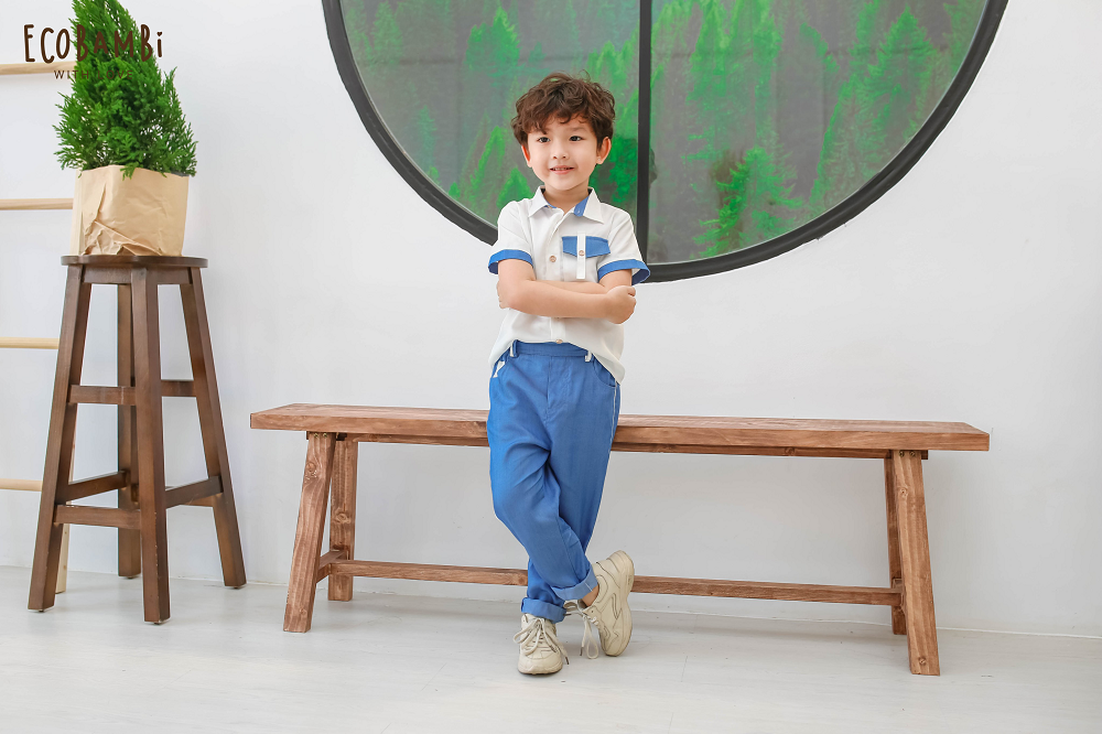 Áo sơ mi bé trai tay ngắn phối màu tencel