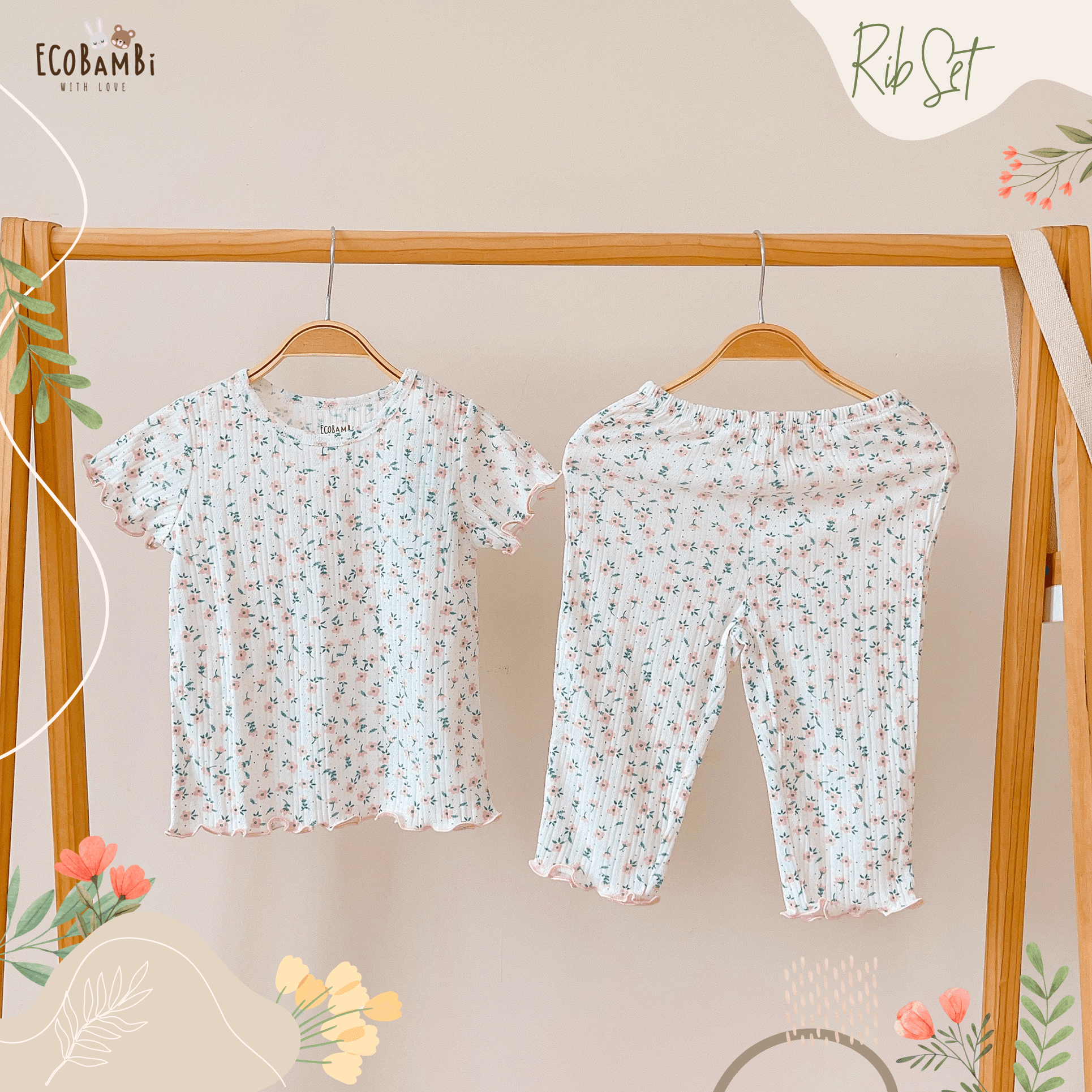 Bộ bé gái tay ngắn, quần lửng thun cotton jacquard in hoạ tiết hoa nhí dễ thương cho bé yêu BB-23BOBG026 - ECOBAMBI - 8935334001176