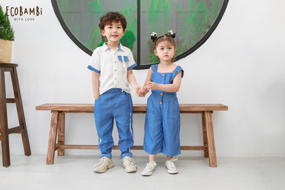 Áo sơ mi bé trai tay ngắn phối màu tencel