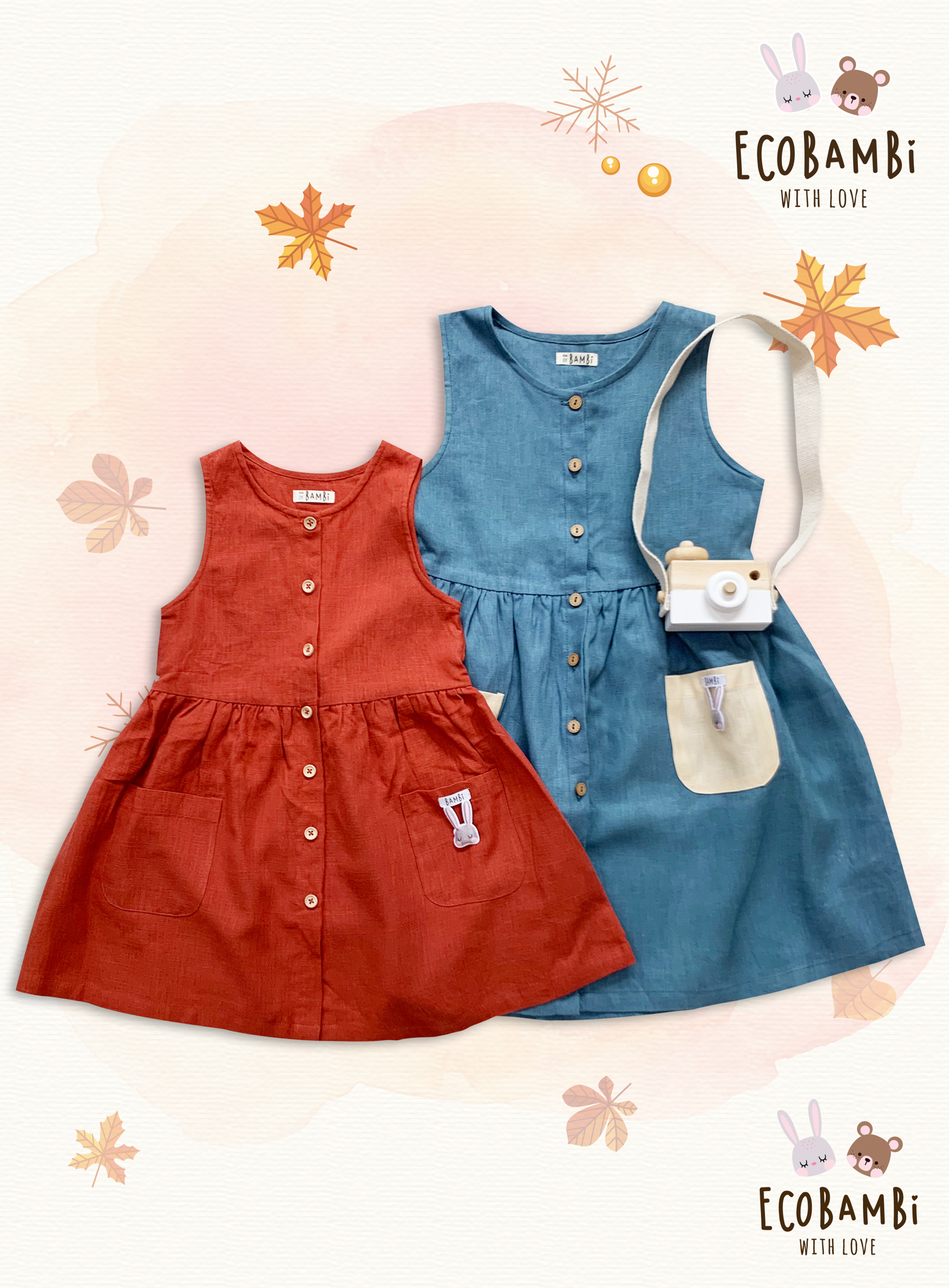 Đầm linen sát nách phối túi bé gái