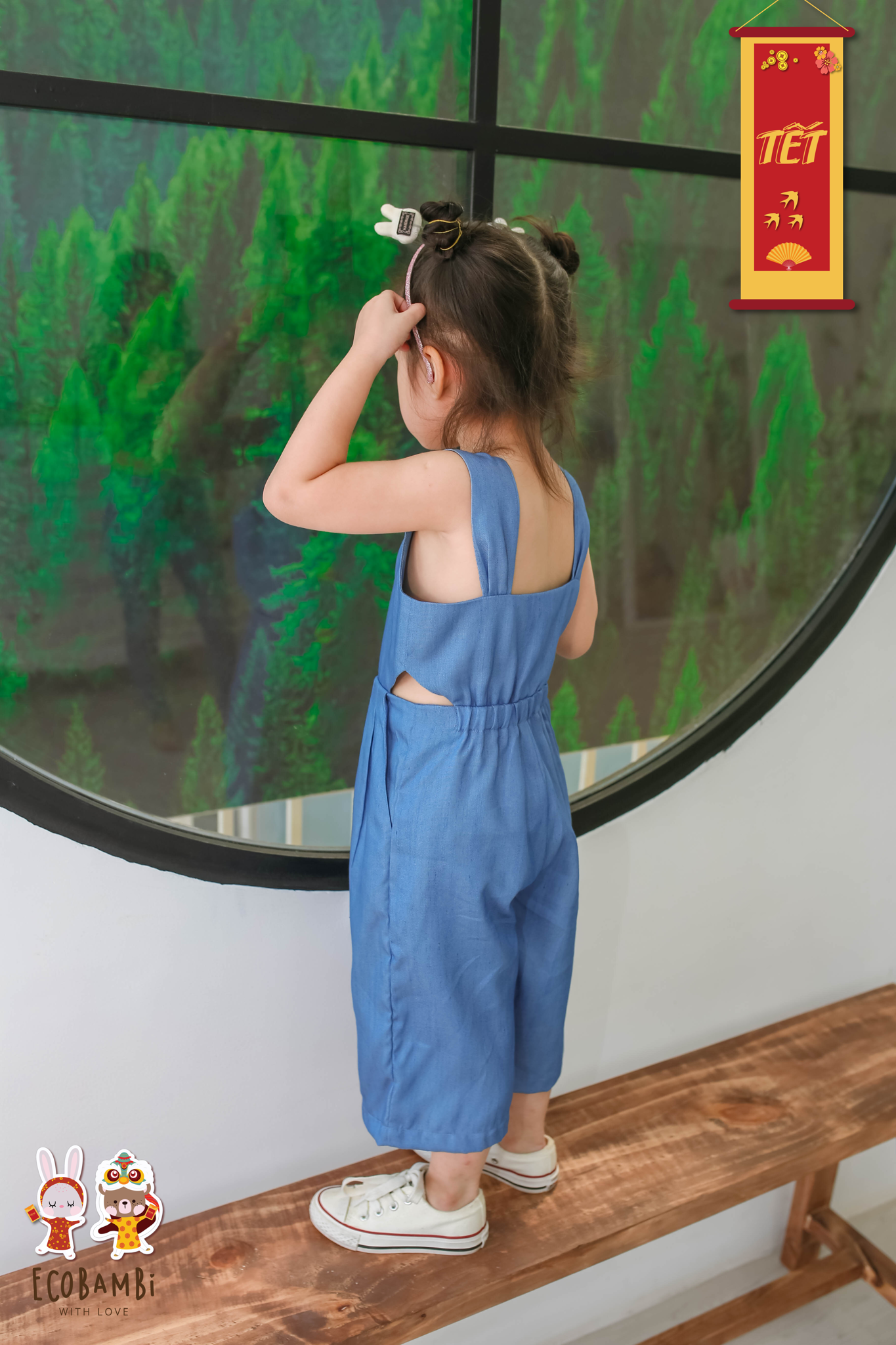 Jumpsuit bé gái tencel denim