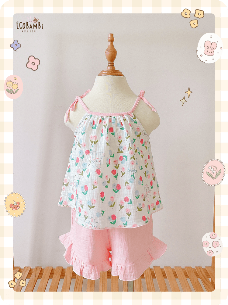Restock - Bộ 2 dây CỔ YẾM, quần short cotton muslin in hoạ tiết đáng yêu cho bé gái Ecobambi - BB-23BOBG006 - 8935334000957