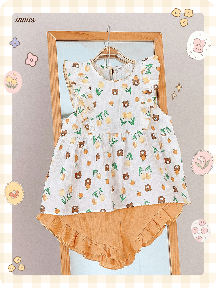 Bộ nữ 2 tay bèo cánh tiên, quần short cotton muslin, có in hoạ tiết đáng yêu Innies - IN-23BONU015 - 8935334001268
