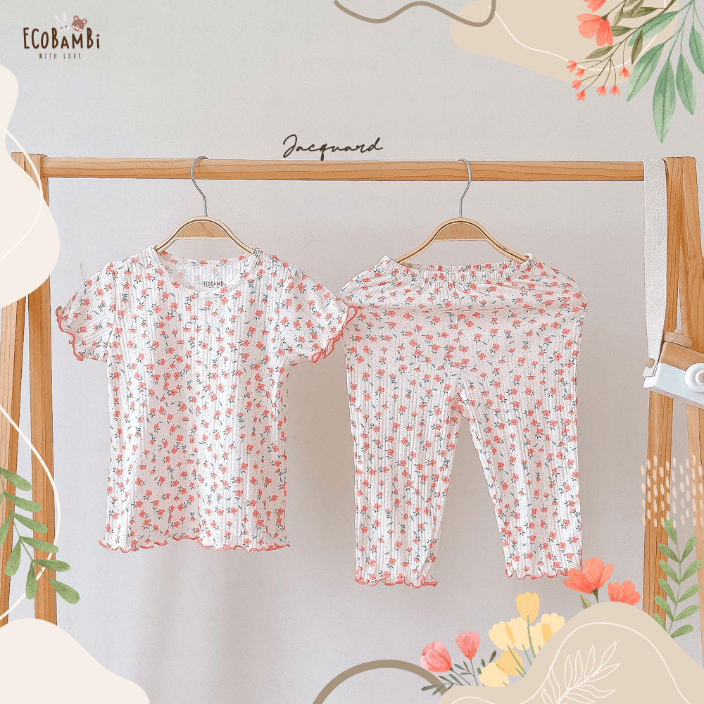 Bộ bé gái tay ngắn, quần lửng thun cotton jacquard in hoạ tiết hoa nhí dễ thương cho bé yêu BB-23BOBG026 - ECOBAMBI - 8935334001176