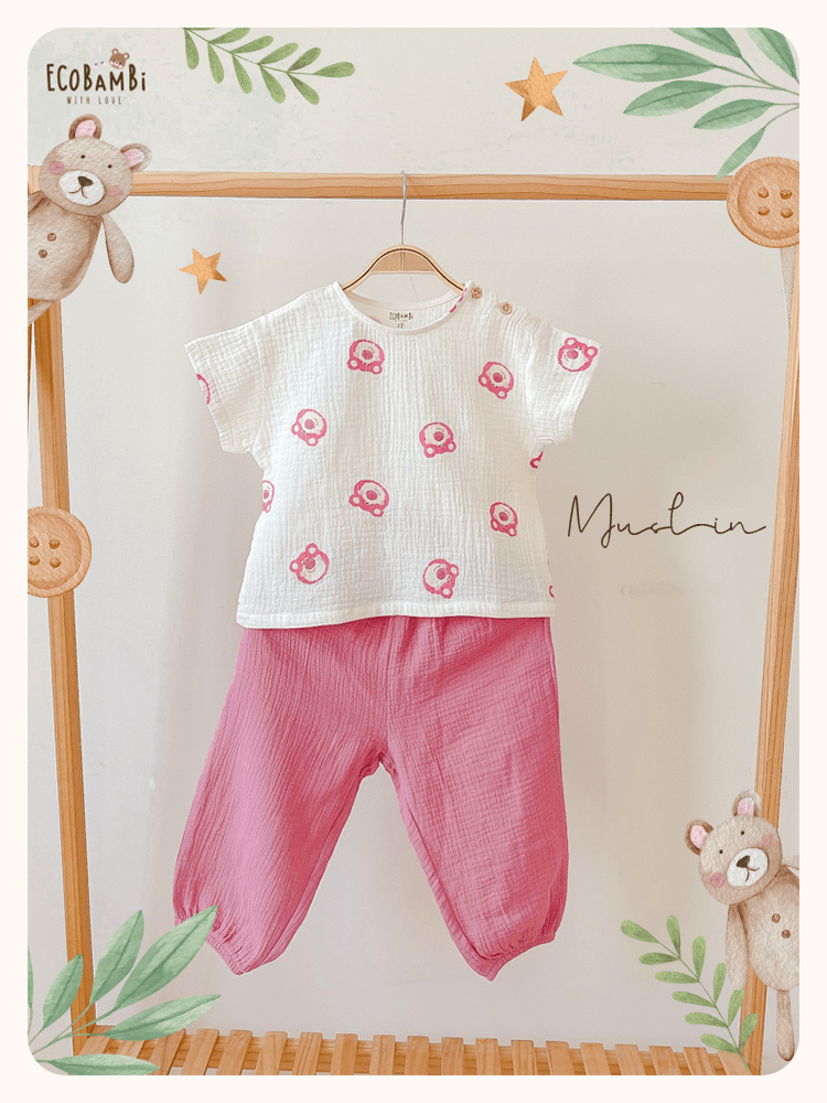 Bộ cotton Muslin Unisex TAY NGẮN, QUẦN THỤNG phong cách Hàn Quốc in hoạ tiết Gấu trứng ốp la, Gấu caro và Gấu dâu cho bé - BB-23BO023 - 8935334000582
