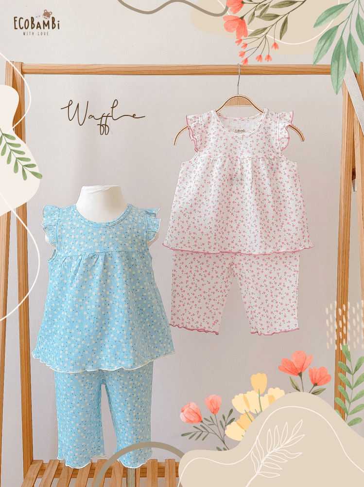 Bộ bé gái tay cánh tiên, quần lửng thun waffle in hoạ tiết hoa nhí dễ thương cho bé yêu - BB-23BOBG022 - ECOBAMBI