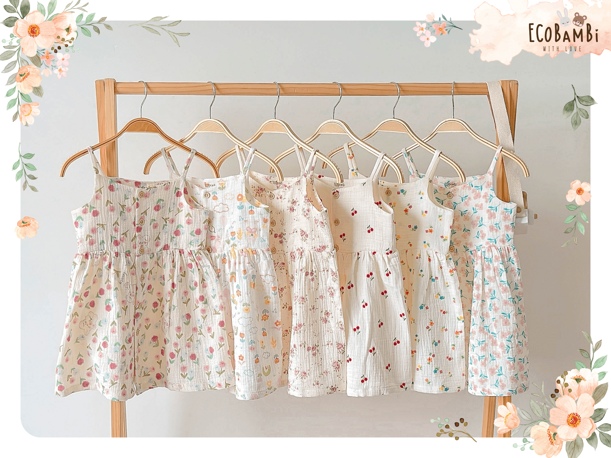 Đầm xoè 2 dây cotton muslin in hoạ tiết đáng yêu cho bé gái Ecobambi - BB-23DAMBG001 - 8935334000827