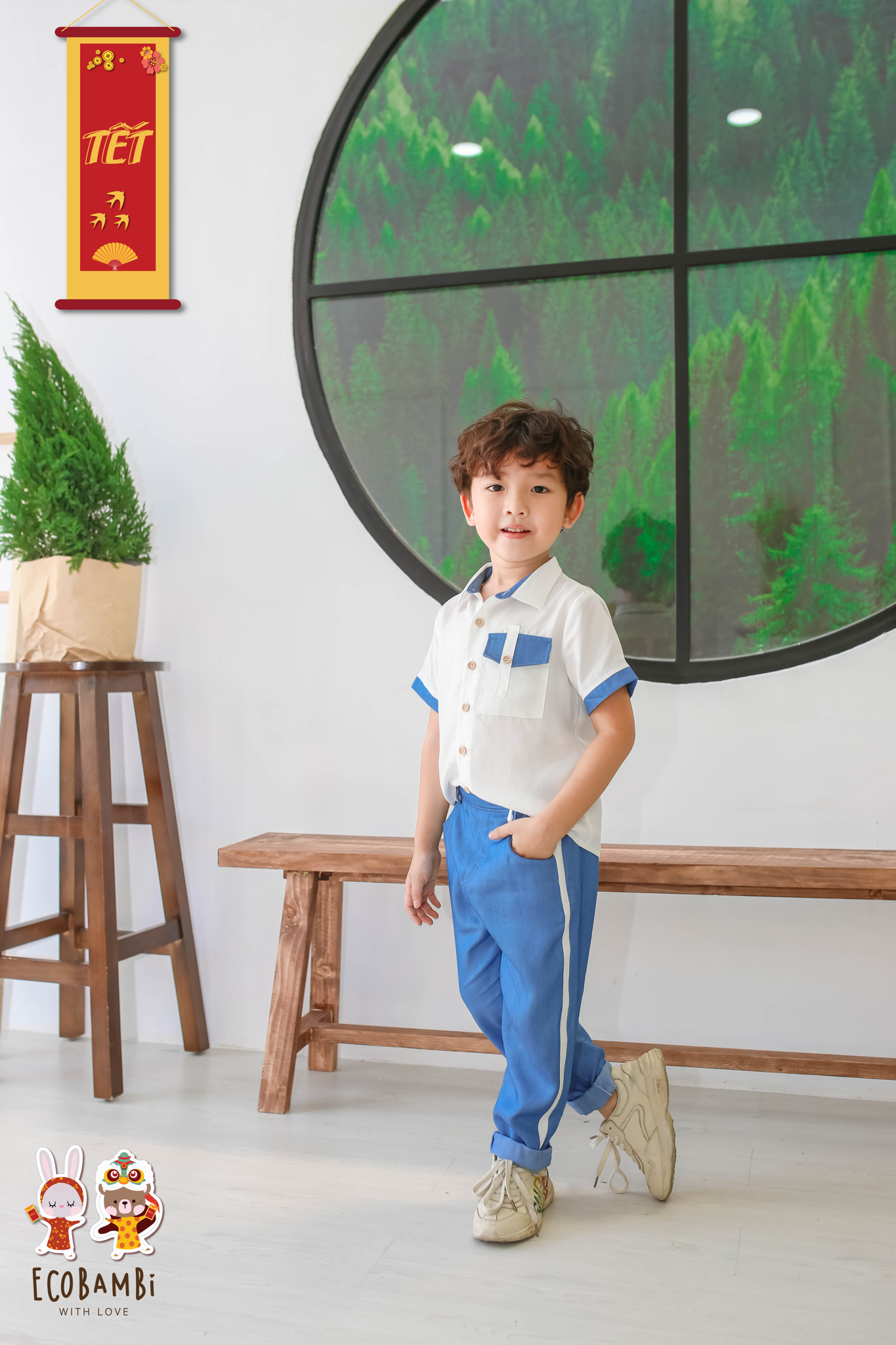 Quần bé trai dáng thể thao tencel denim