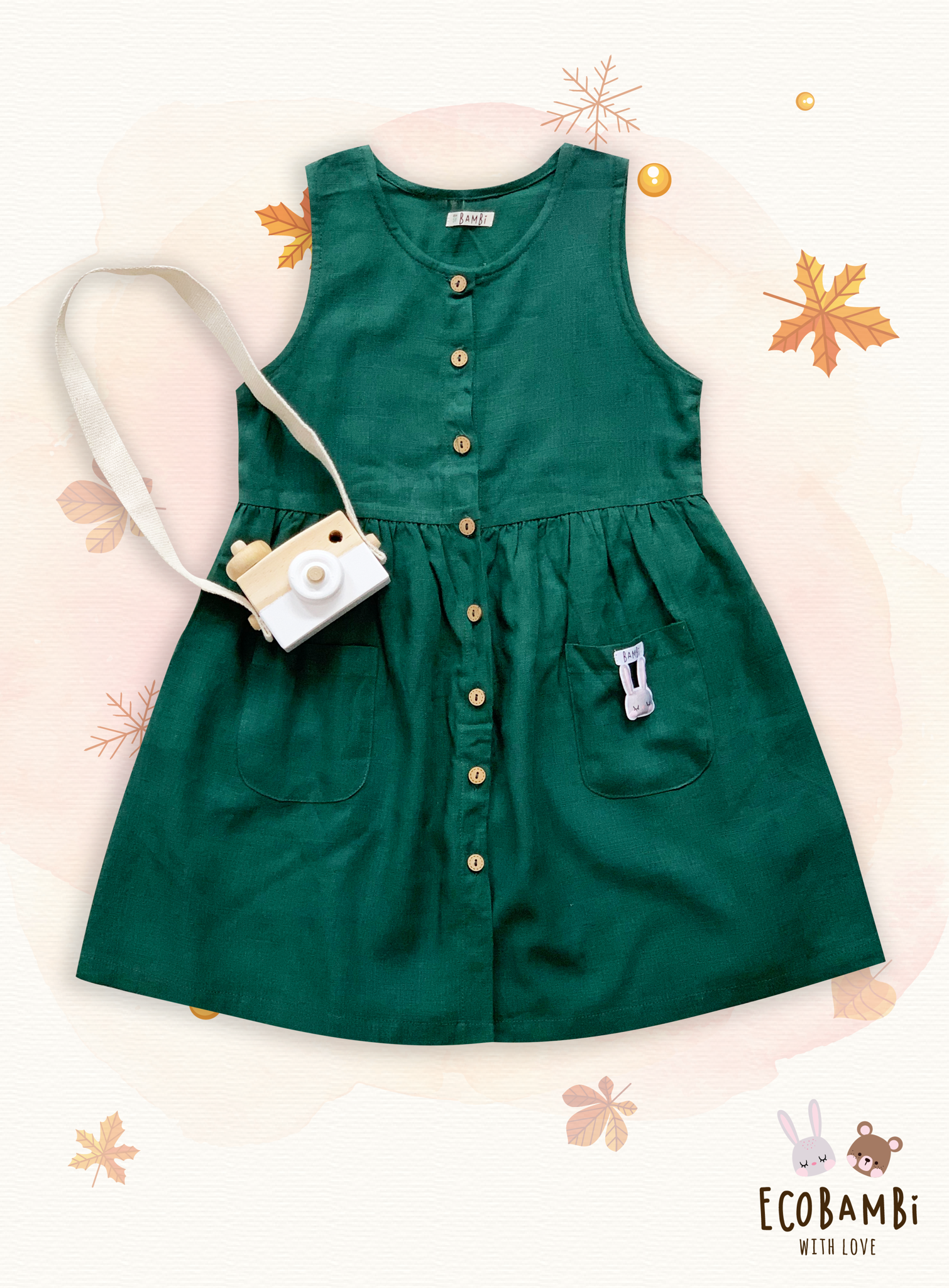 Đầm linen sát nách phối túi bé gái