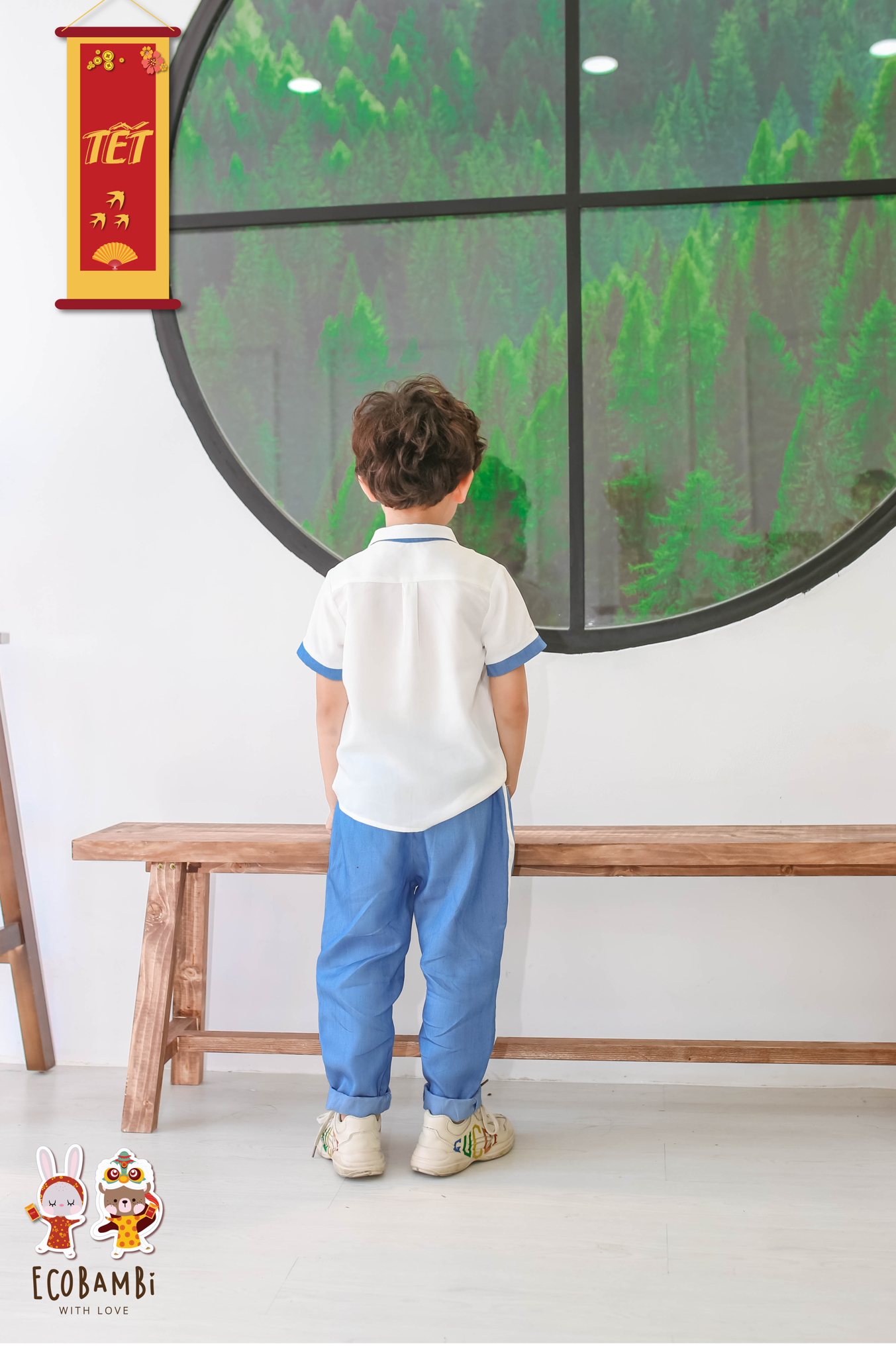 Áo sơ mi bé trai tay ngắn phối màu tencel