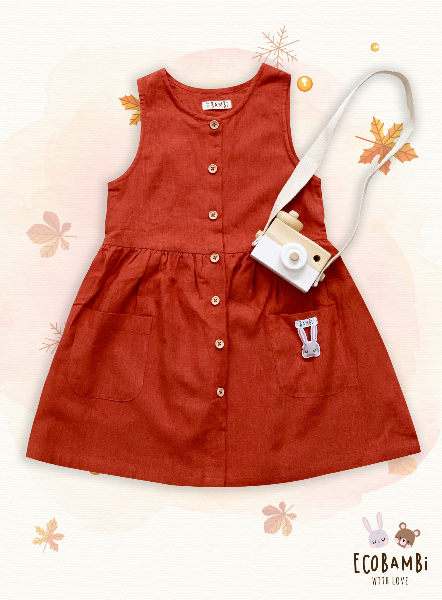 Đầm linen sát nách phối túi bé gái