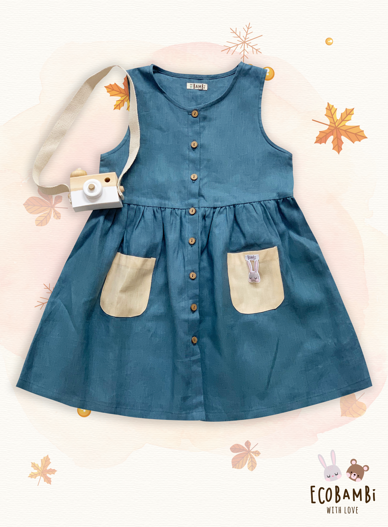 Đầm linen sát nách phối túi bé gái