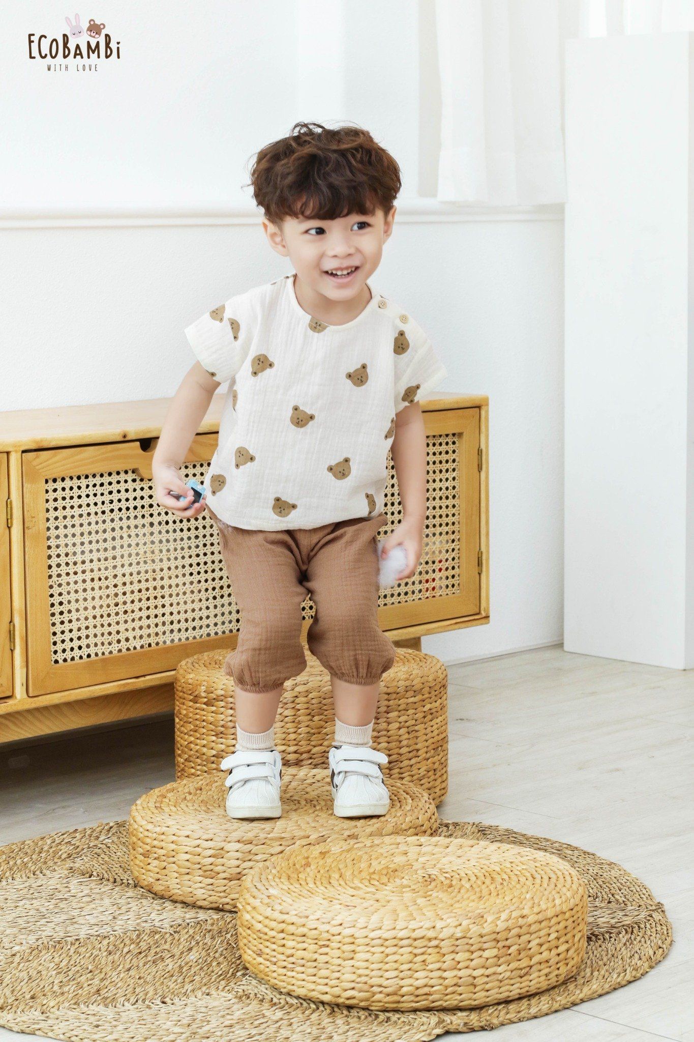 Bộ cotton Muslin Unisex TAY NGẮN, QUẦN LỬNG phong cách Hàn Quốc in hoạ tiết Gấu, Cọp, Thỏ cho bé - 8935334000582