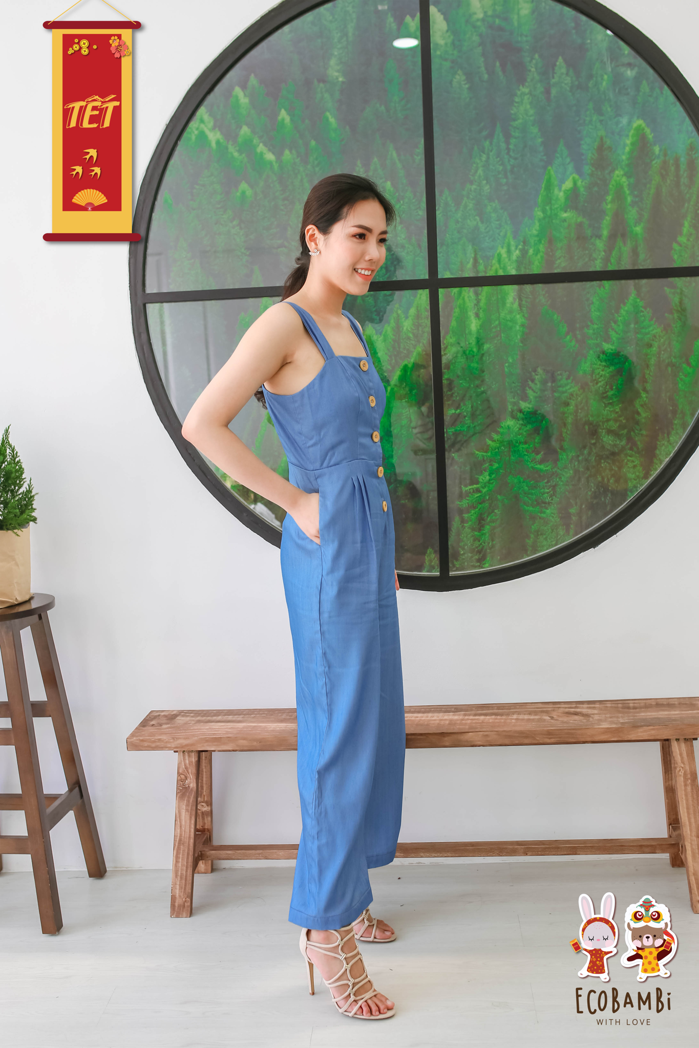 Jumpsuit dáng dài nữ tencel denim