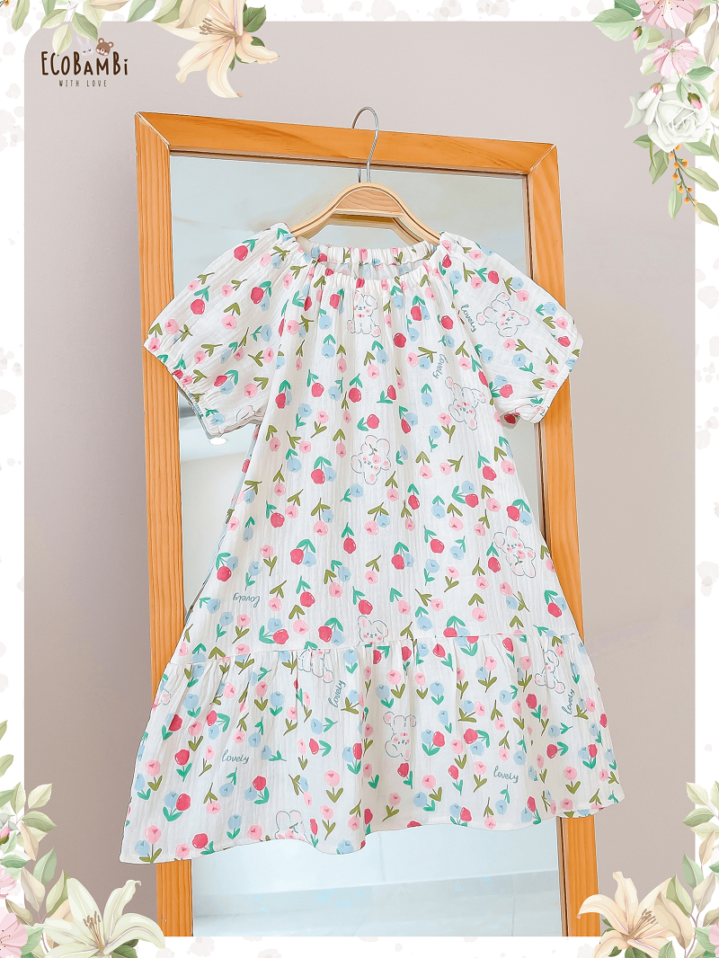 Đầm cotton muslin hoa cỏ mùa xuân dáng tay phồng - BB-23DAMBG002 - 8935334000148