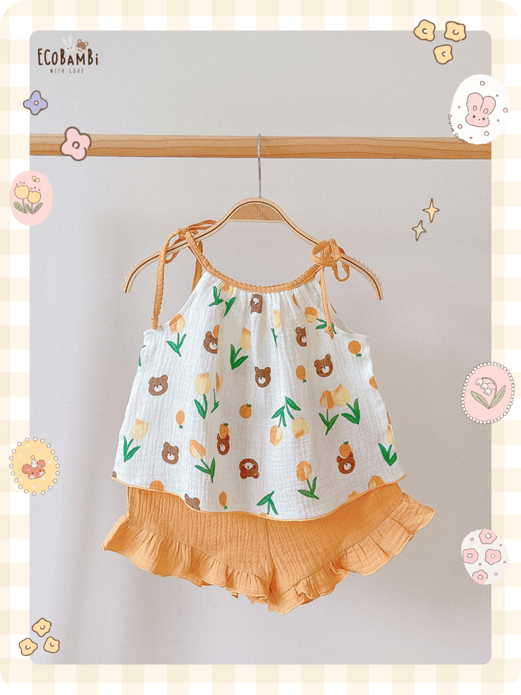 Restock - Bộ 2 dây CỔ YẾM, quần short cotton muslin in hoạ tiết đáng yêu cho bé gái Ecobambi - BB-23BOBG006 - 8935334000957