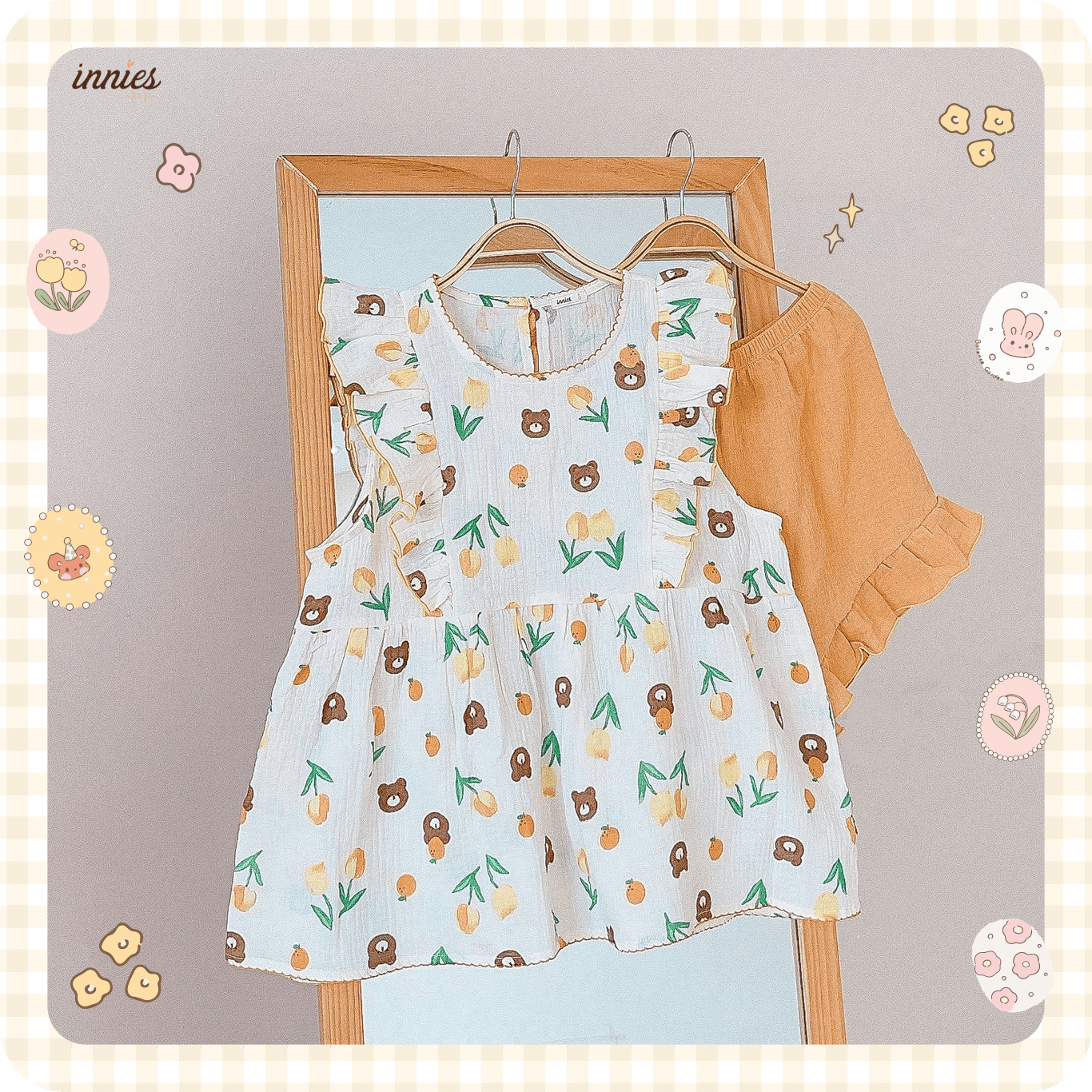 Bộ nữ 2 tay bèo cánh tiên, quần short cotton muslin, có in hoạ tiết đáng yêu Innies - IN-23BONU015 - 8935334001268
