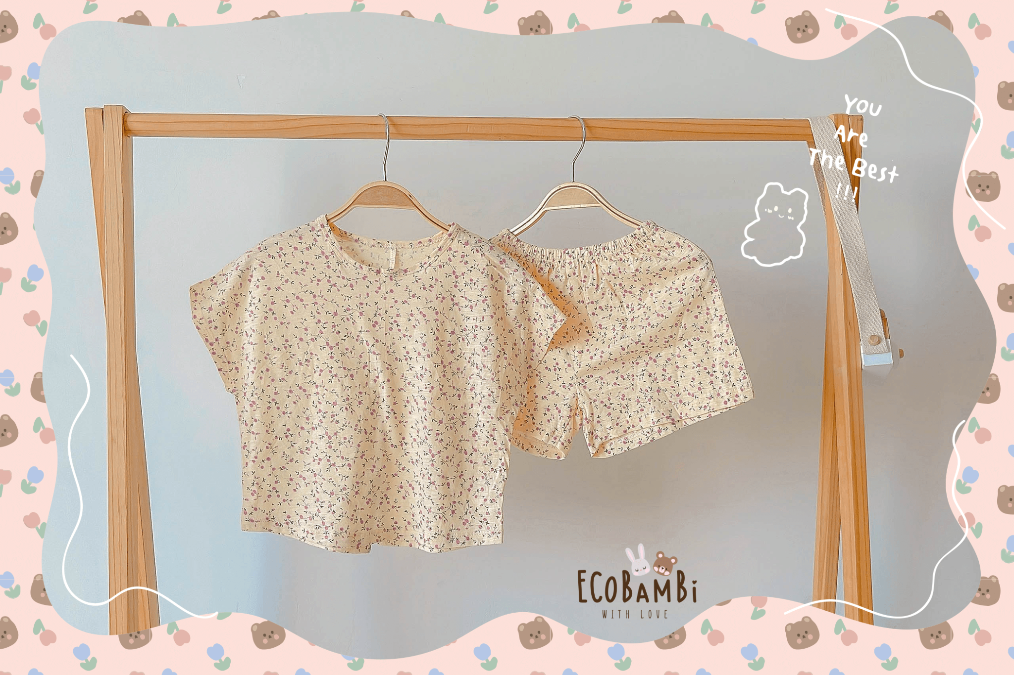 Bộ thun cotton TAY CÁNH DƠI - xẻ tà, quần short phong cách Hàn Quốc in hoa nhí dễ thương cho bé gái ECOBAMBI - BB-23BOBG003