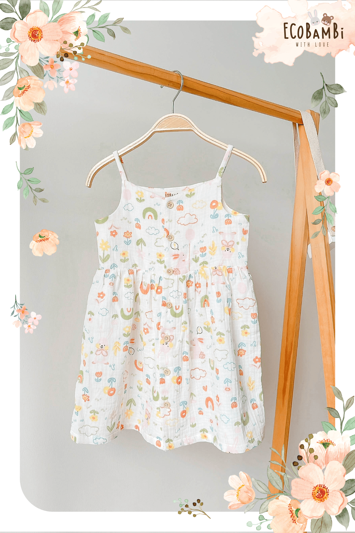 Đầm xoè 2 dây cotton muslin in hoạ tiết đáng yêu cho bé gái Ecobambi - BB-23DAMBG001 - 8935334000827