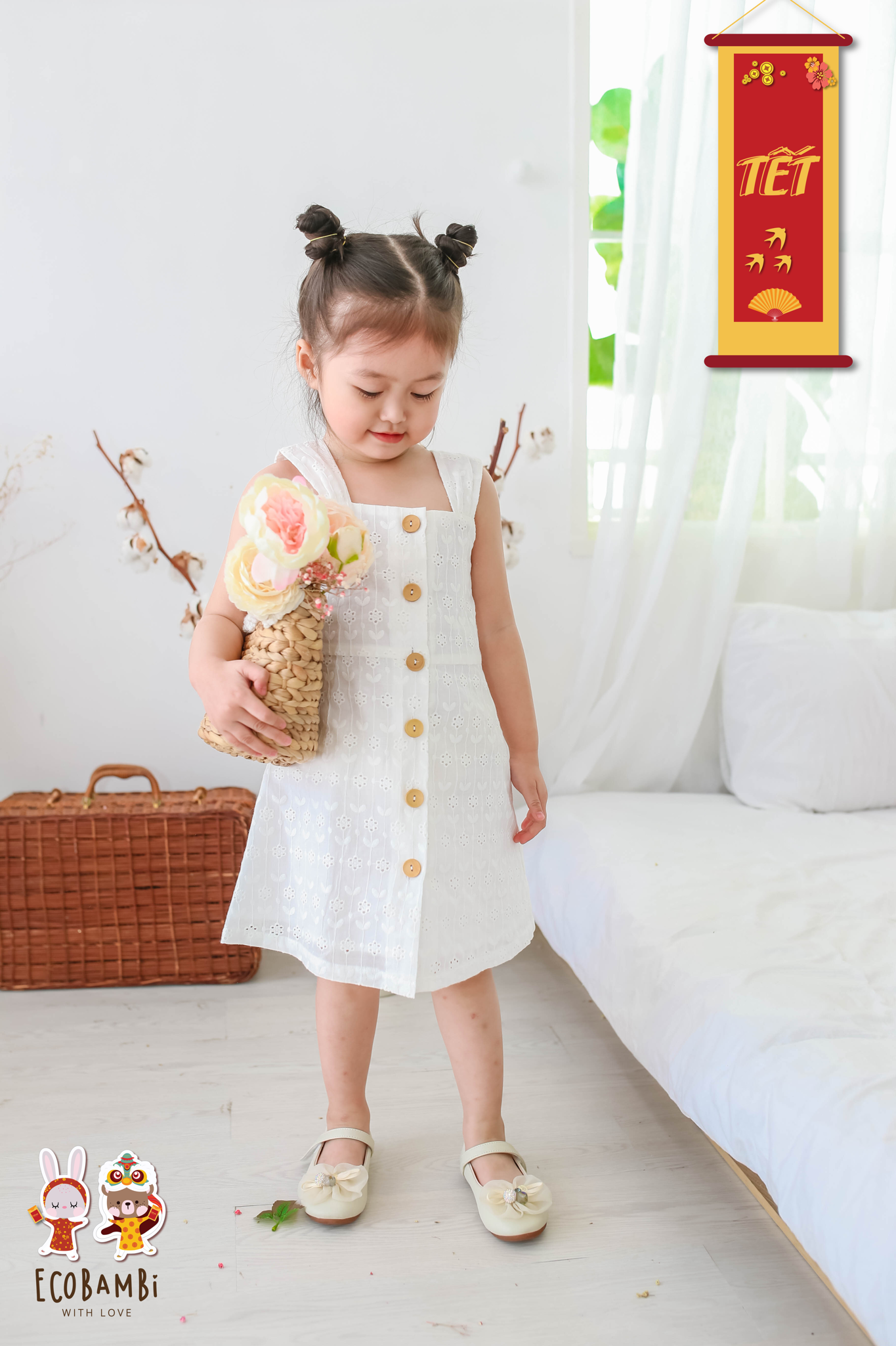 Đầm bé gái 2 dây cotton thêu